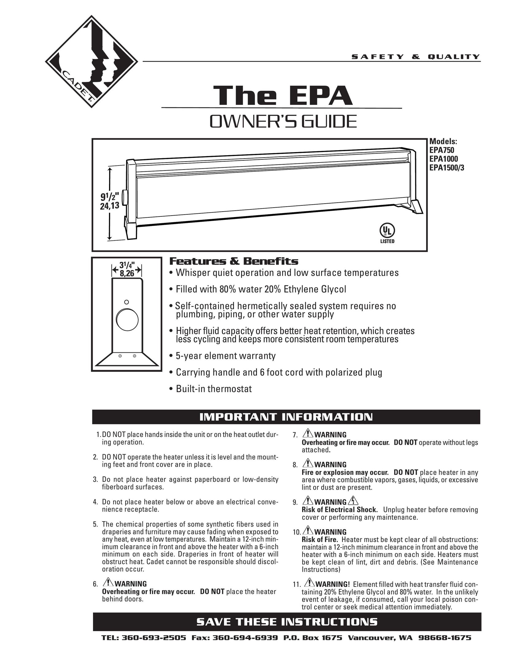 Cadet EPA1000 Electric Heater User Manual