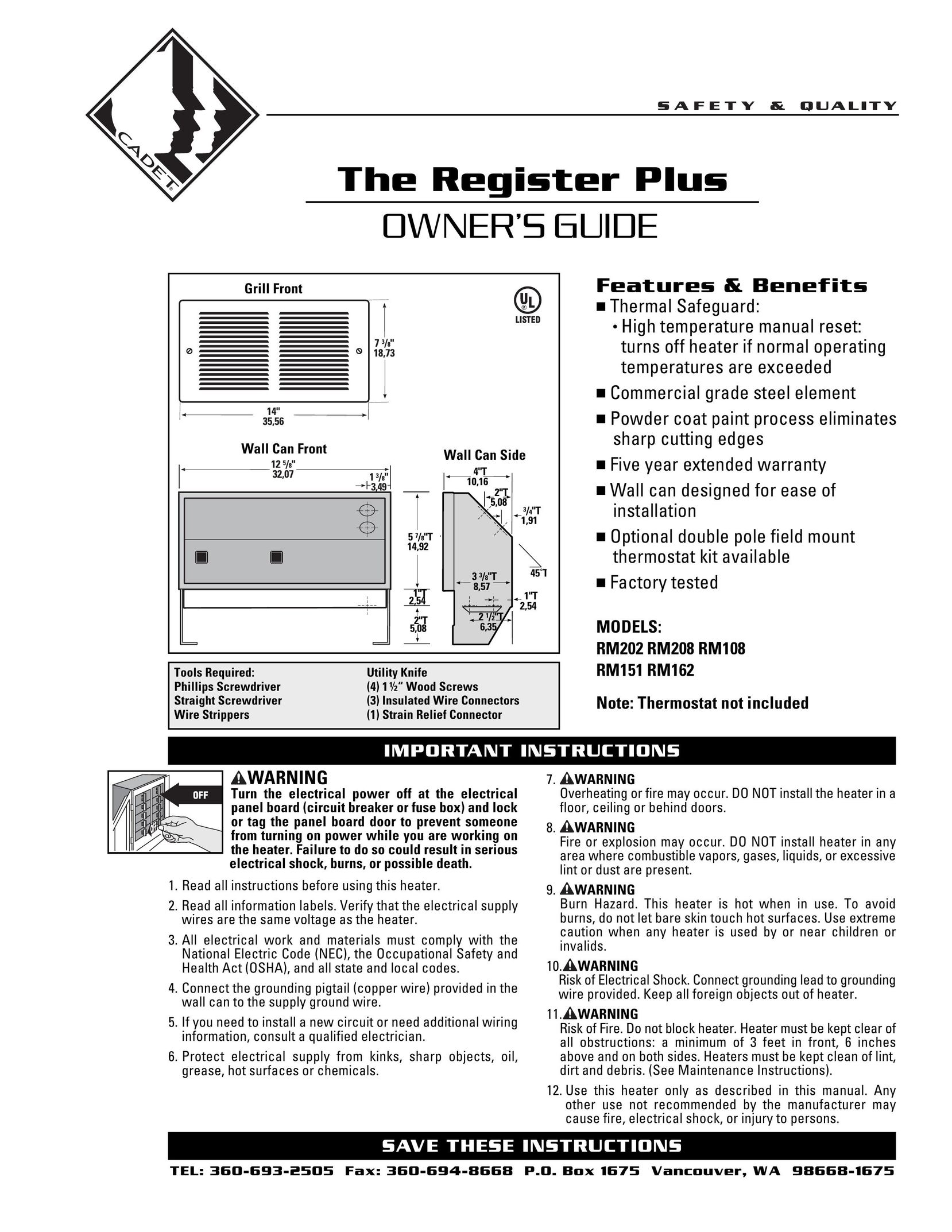 Cadet RM108 Electric Heater User Manual