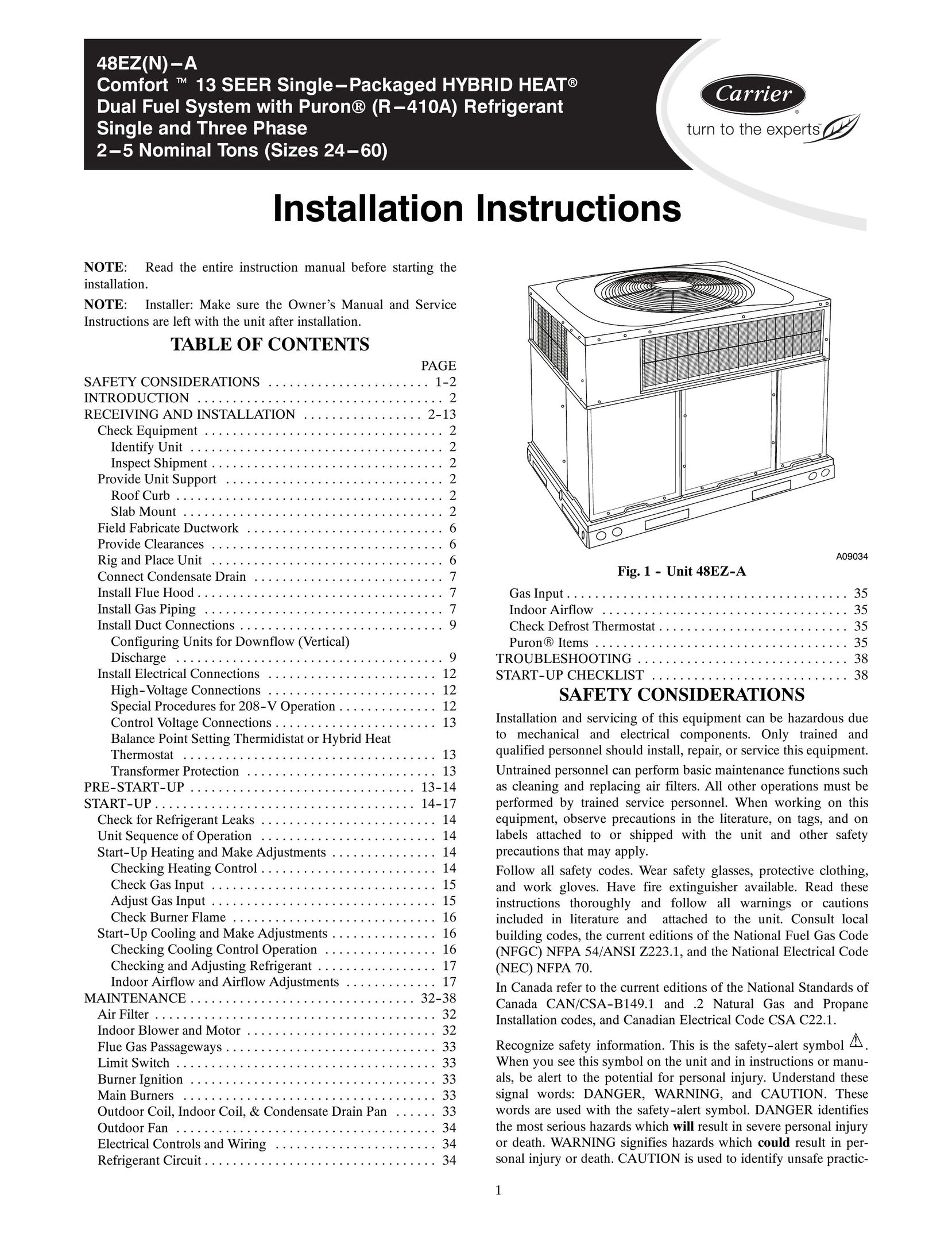 Carrier 48EZ(N)-A Electric Heater User Manual