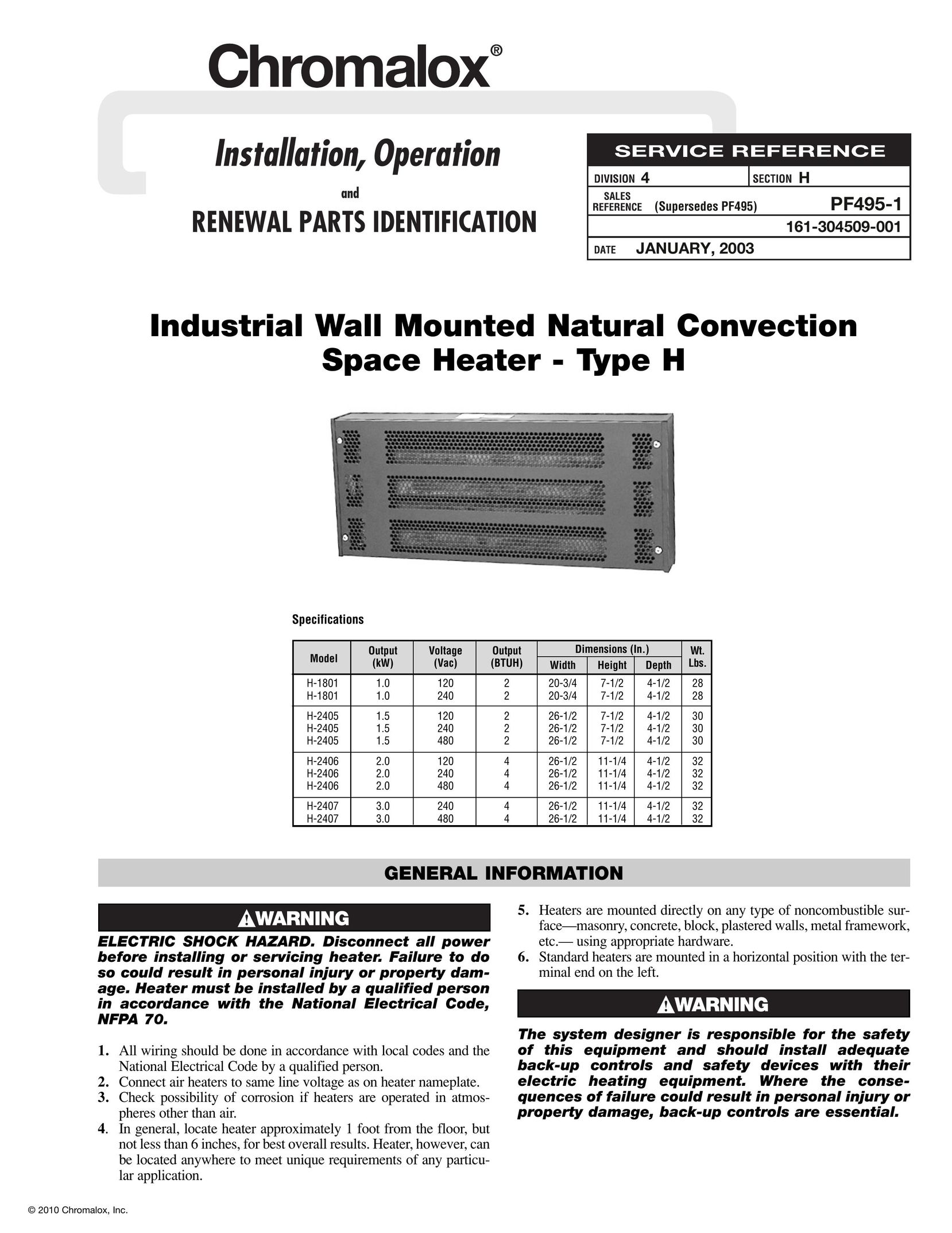 Chromalox PF495-1 Electric Heater User Manual
