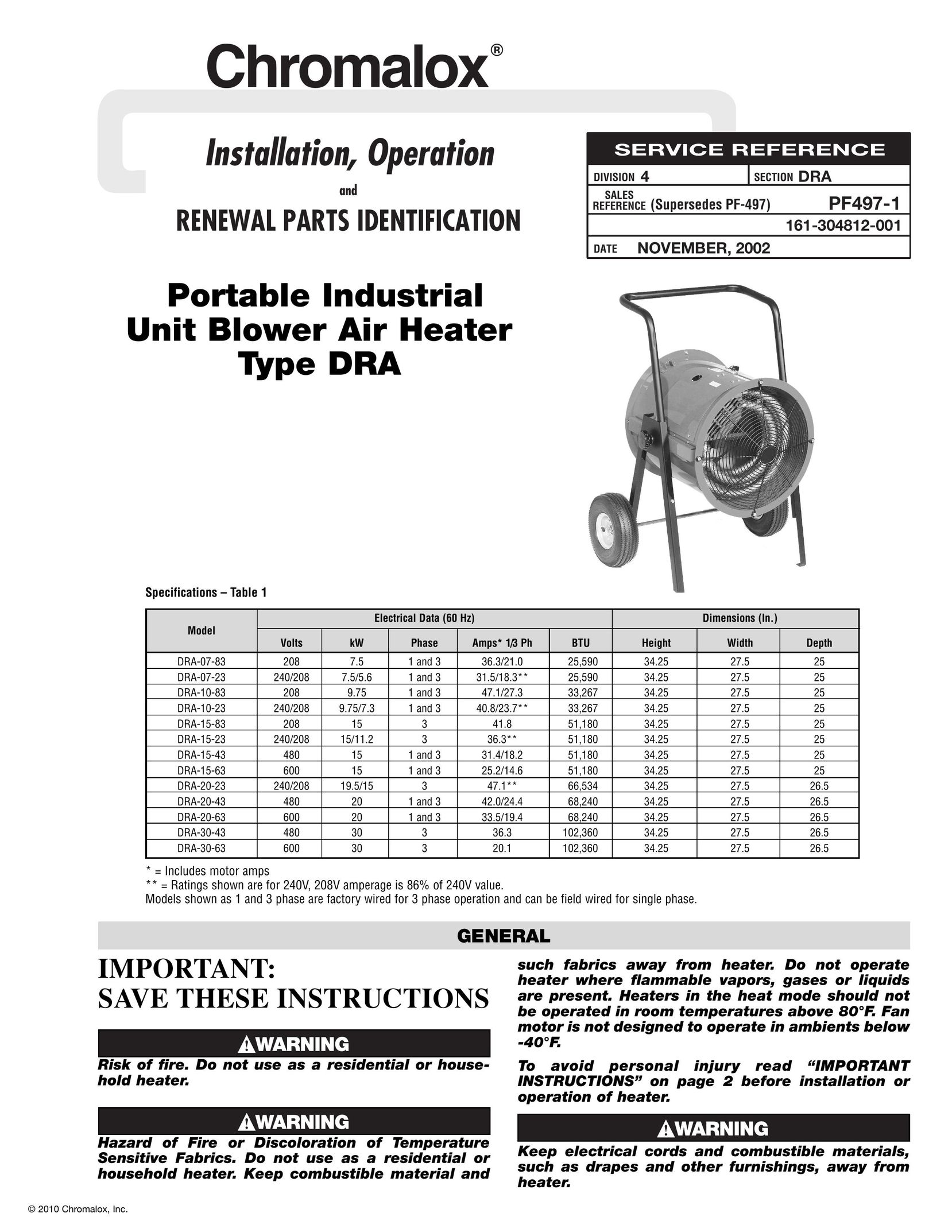 Chromalox PF497-1 Electric Heater User Manual