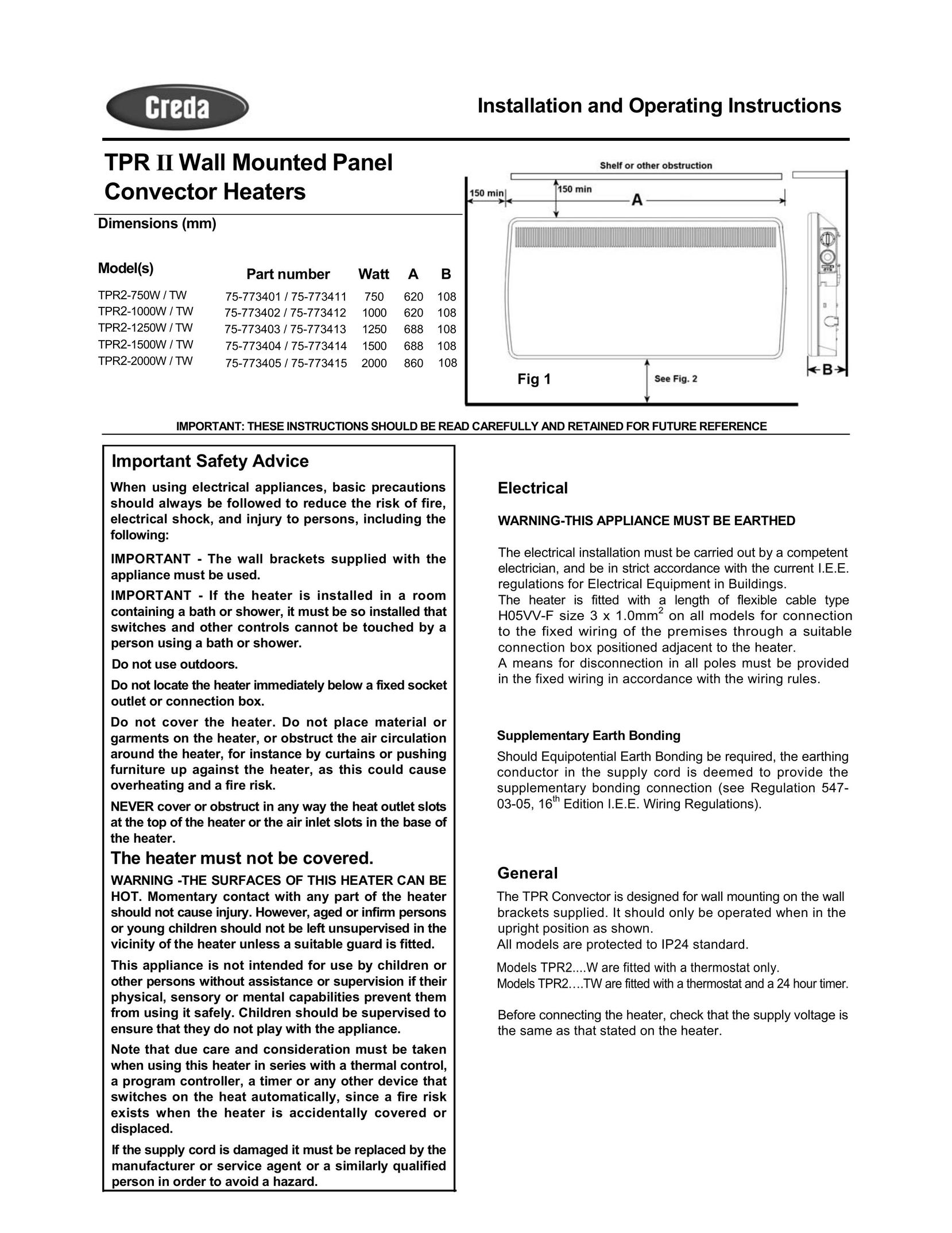 Creda TPR2-1250W Electric Heater User Manual