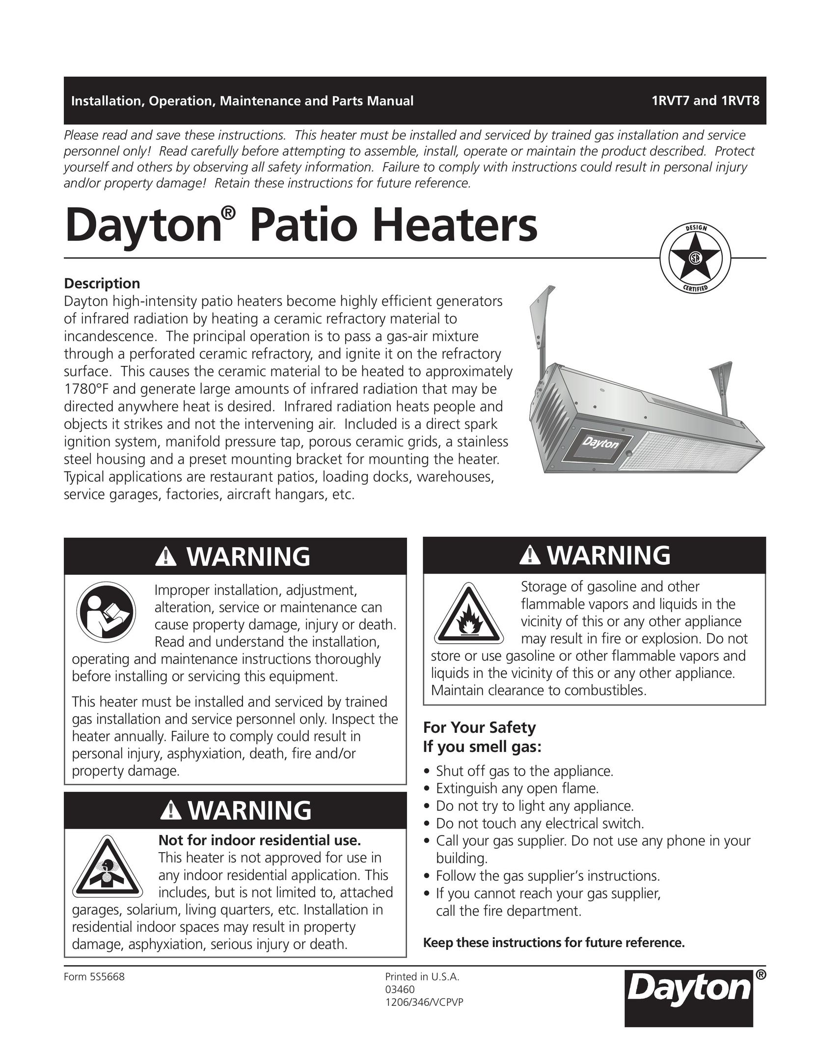 Dayton 1RVT8 Electric Heater User Manual