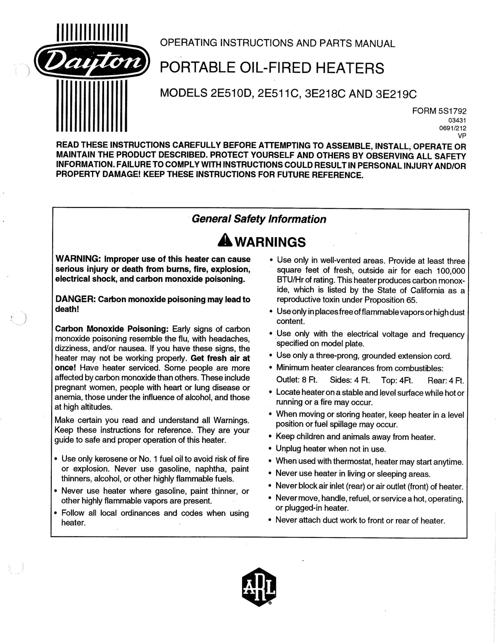 Dayton 2E511C Electric Heater User Manual