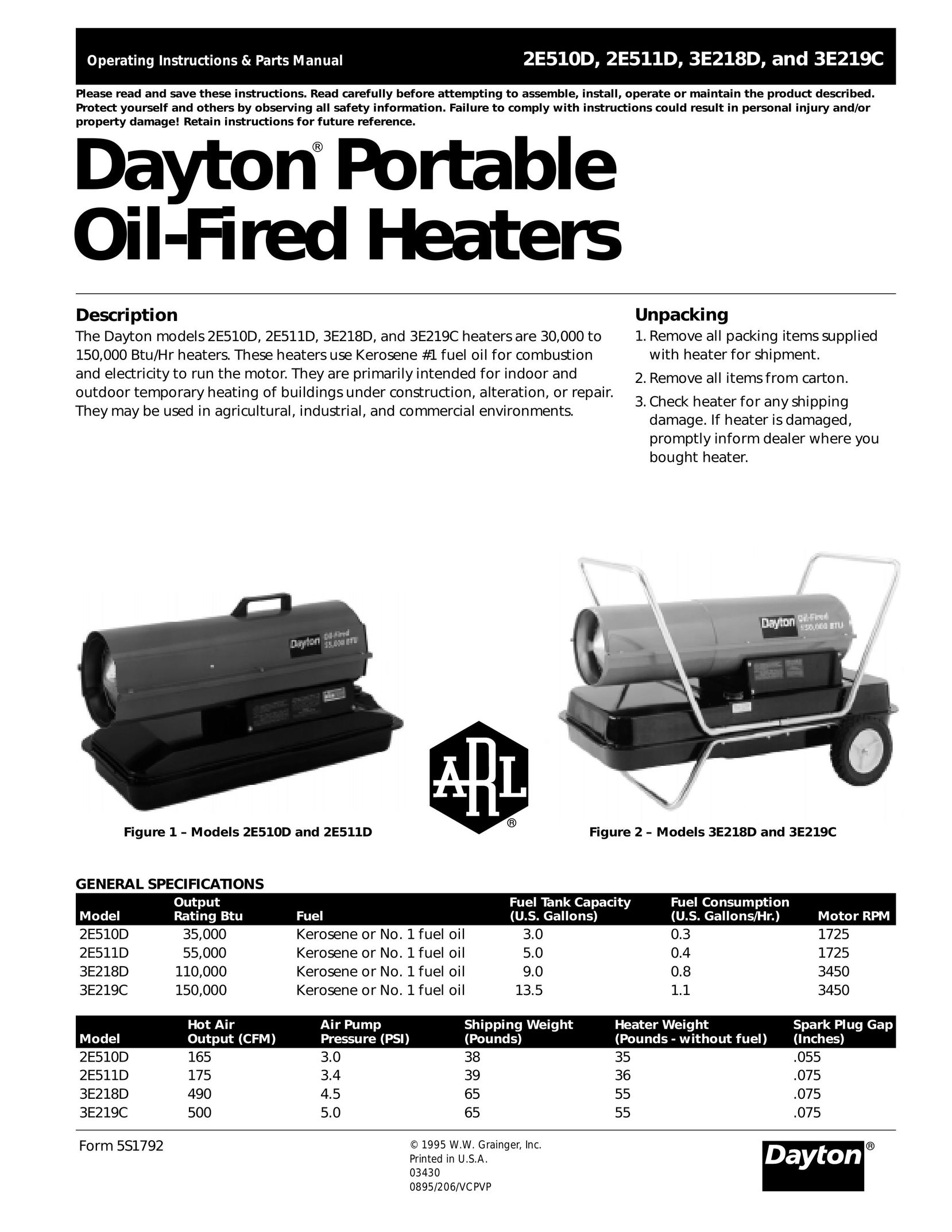Dayton 2E511D Electric Heater User Manual