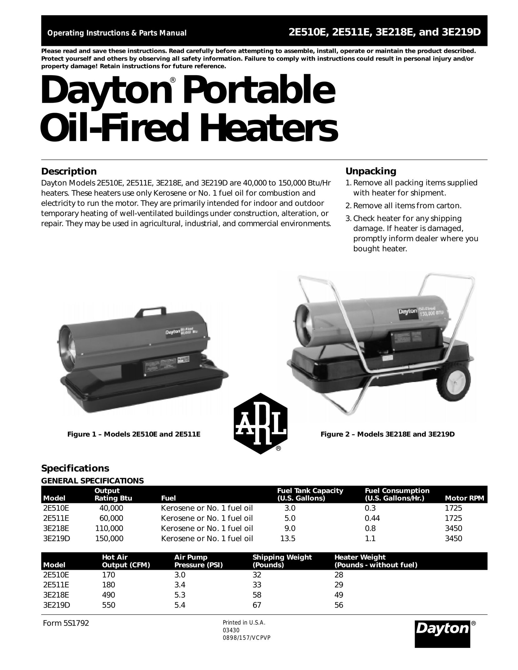 Dayton 2E511E Electric Heater User Manual
