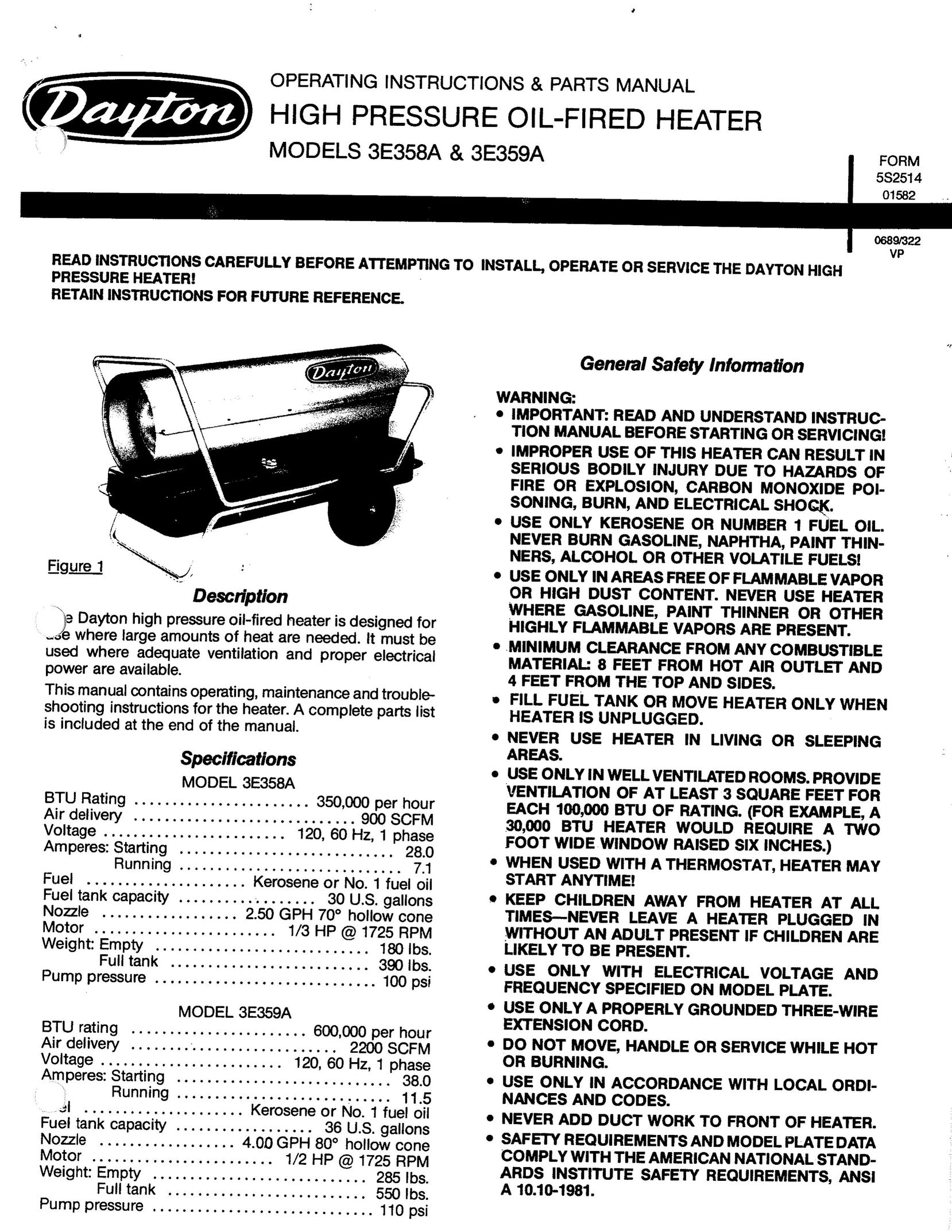 Dayton 3E358A Electric Heater User Manual