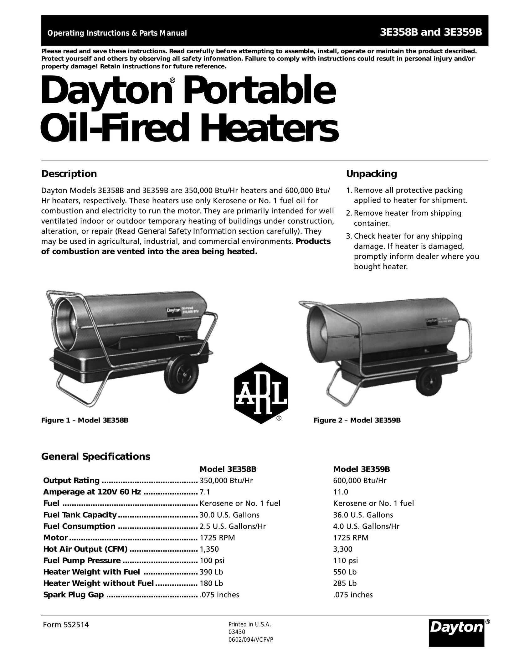 Dayton 3E358B Electric Heater User Manual