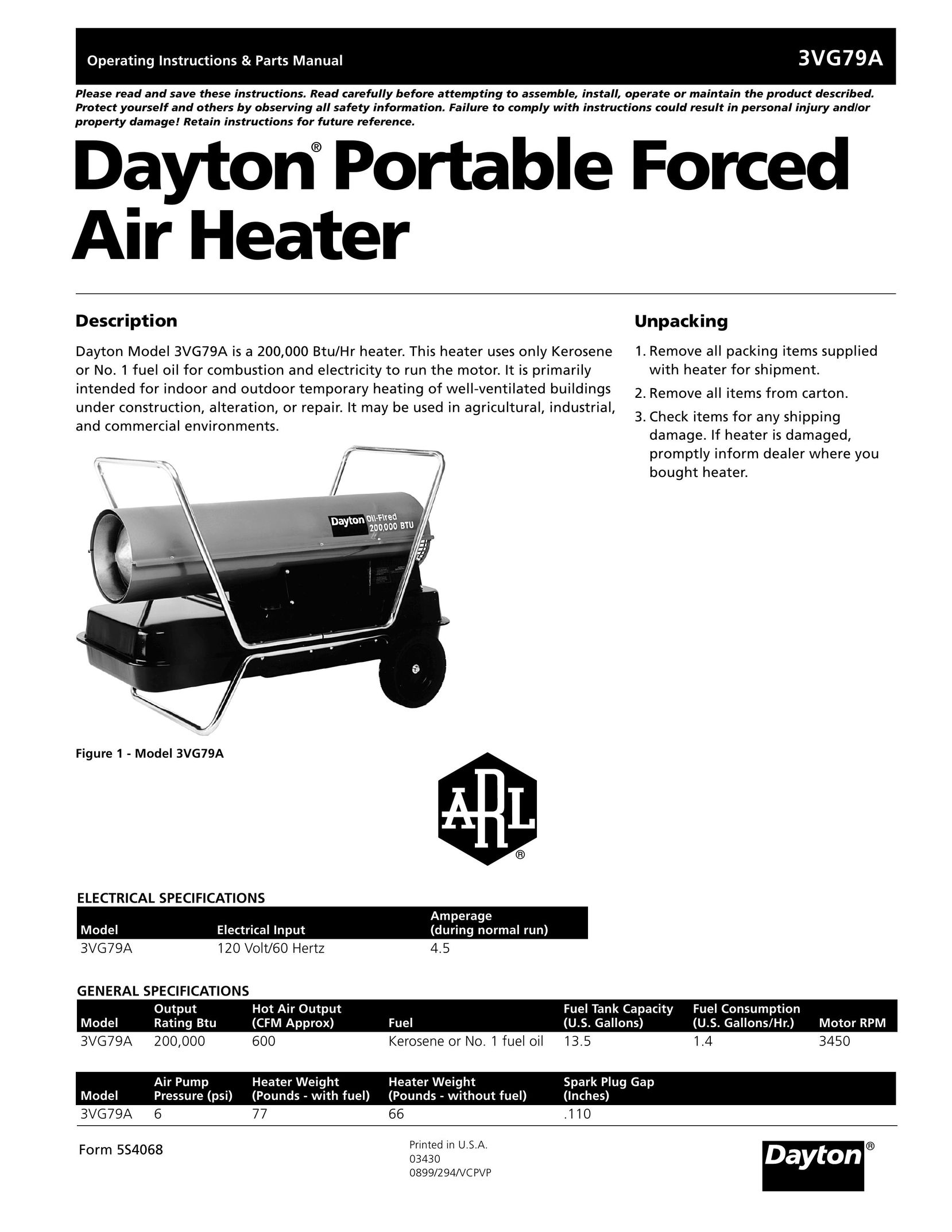 Dayton 3VG79A Electric Heater User Manual
