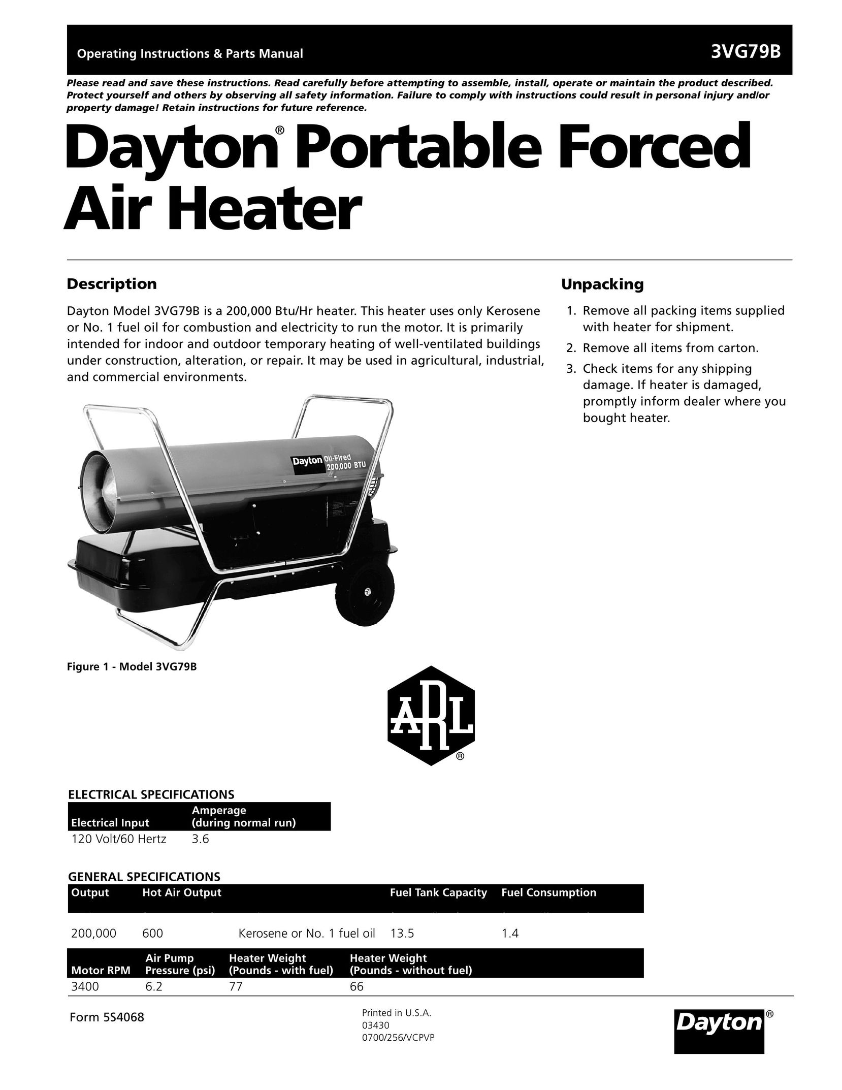 Dayton 3VG79B Electric Heater User Manual