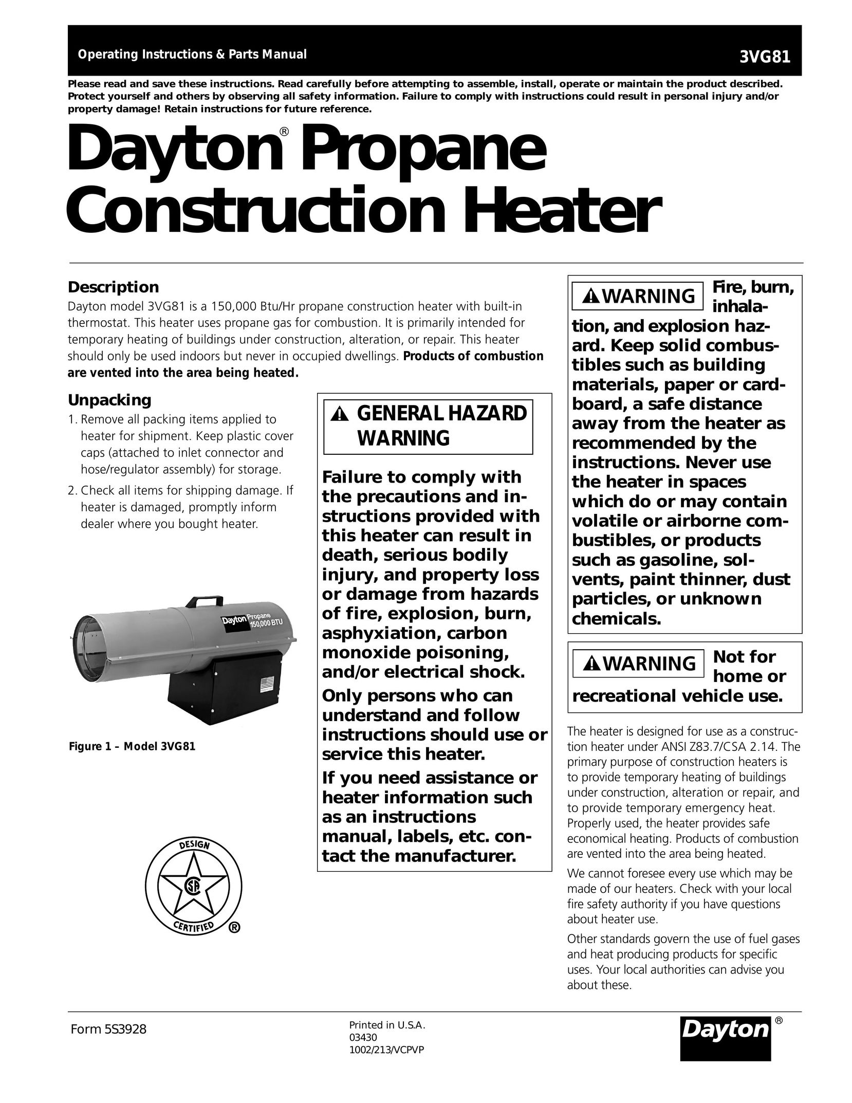 Dayton 3VG81 Electric Heater User Manual
