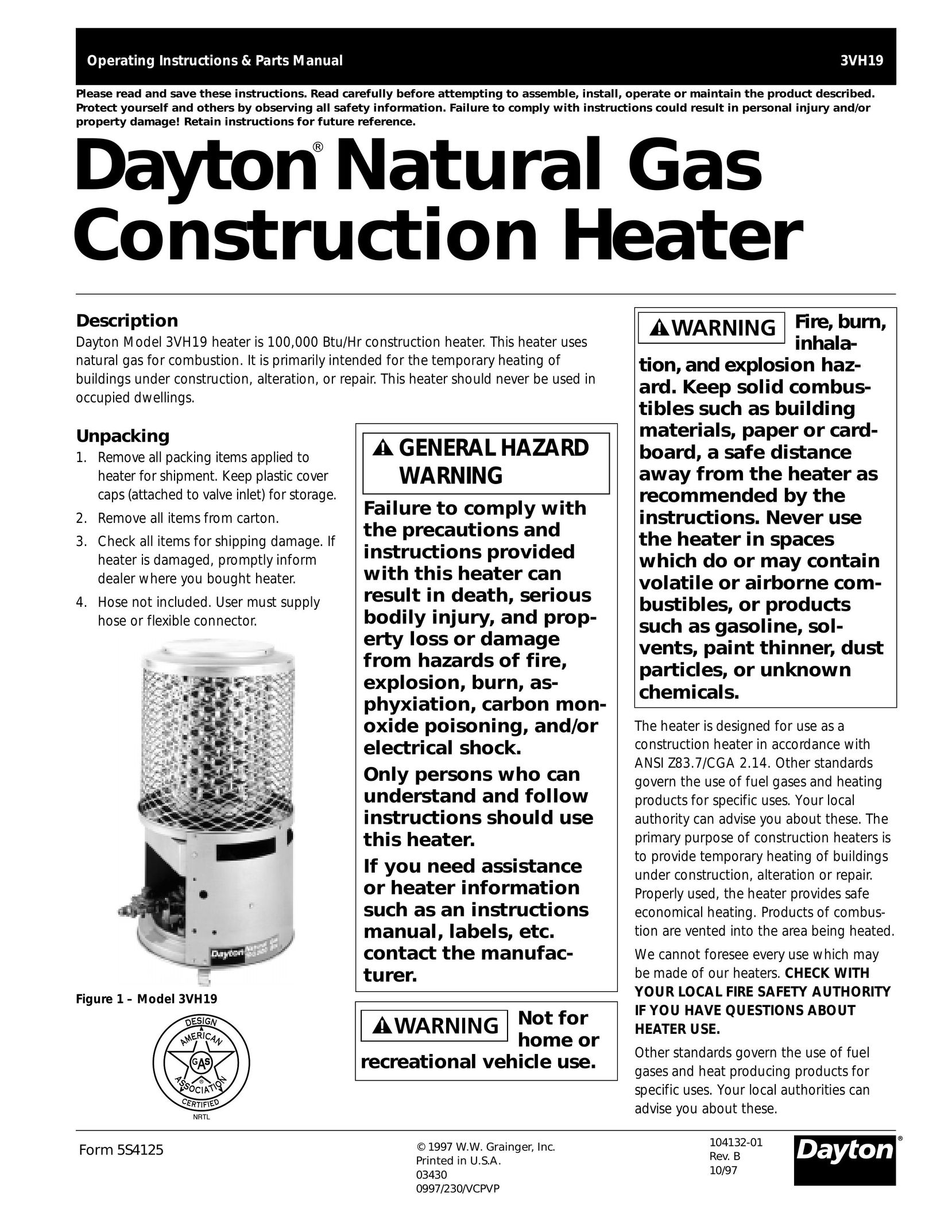 Dayton 3VH19 Electric Heater User Manual