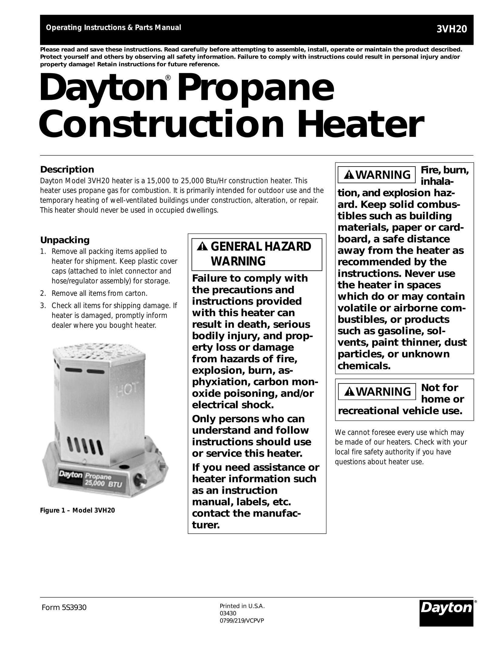 Dayton 3VH20 Electric Heater User Manual
