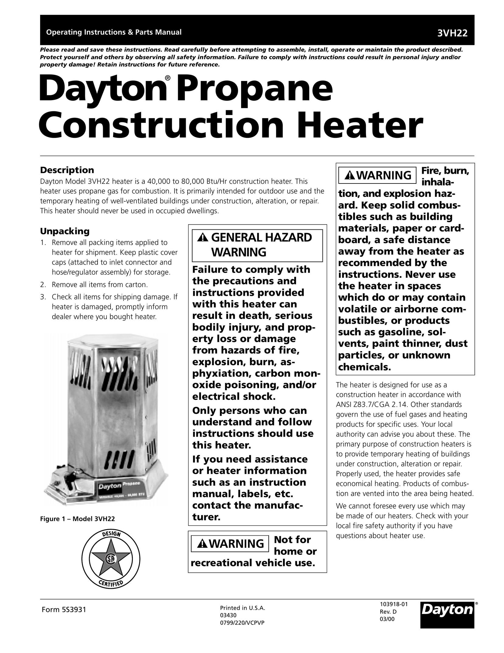 Dayton 3VH22 Electric Heater User Manual