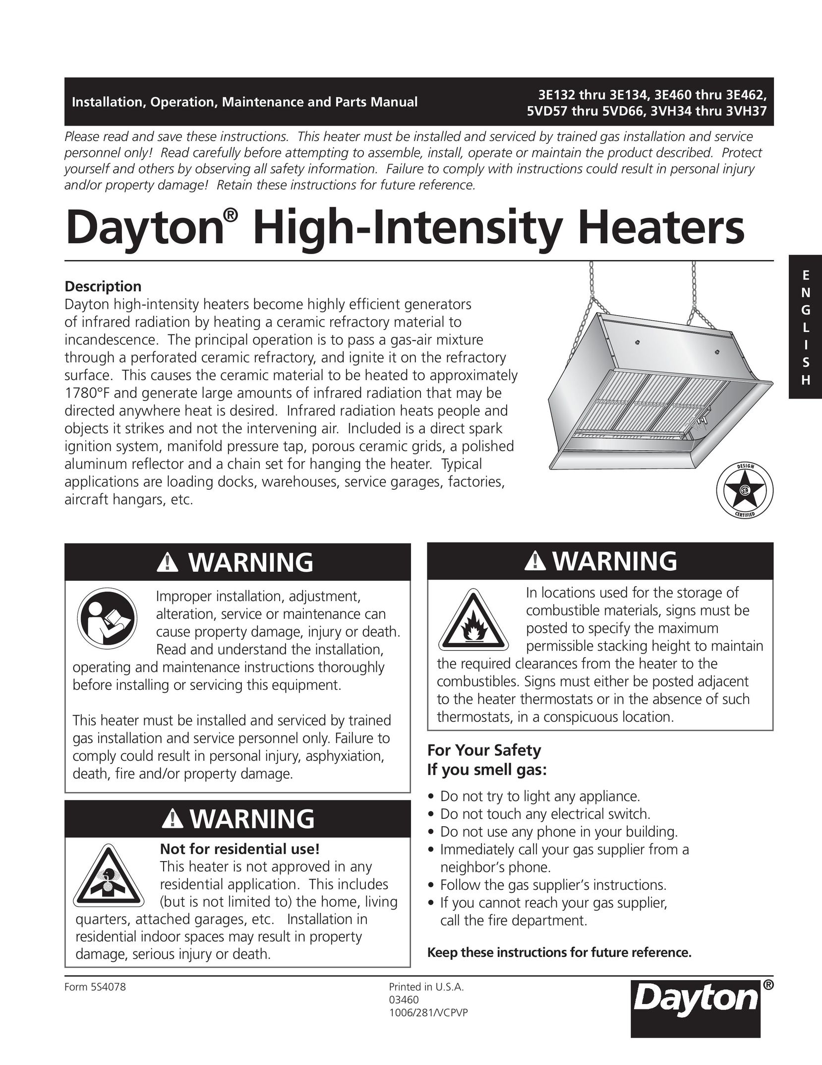 Dayton 3VH37 Electric Heater User Manual