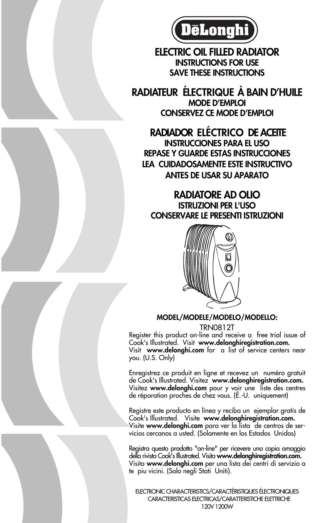 DeLonghi TRN0812T Electric Heater User Manual
