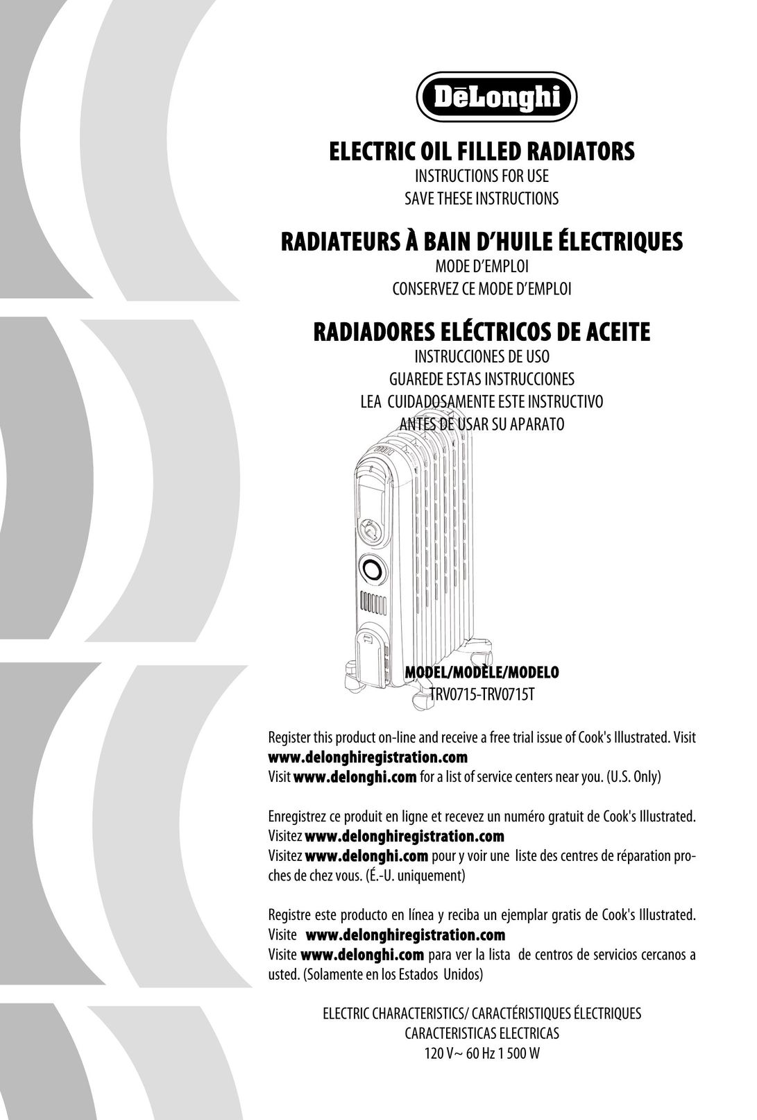 DeLonghi TRV0715-TRV0715T Electric Heater User Manual