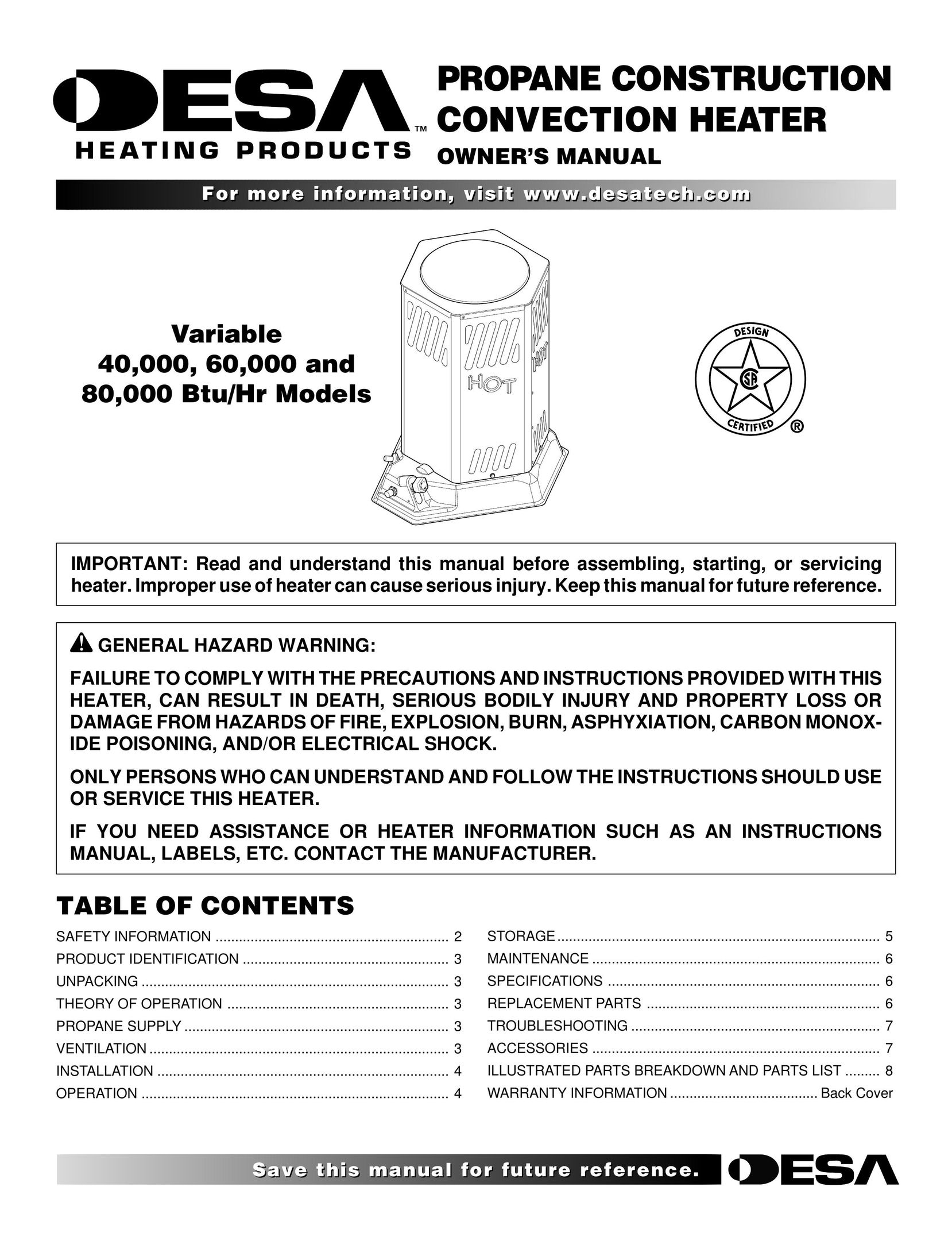 Desa 000 Btu/hr Models Electric Heater User Manual