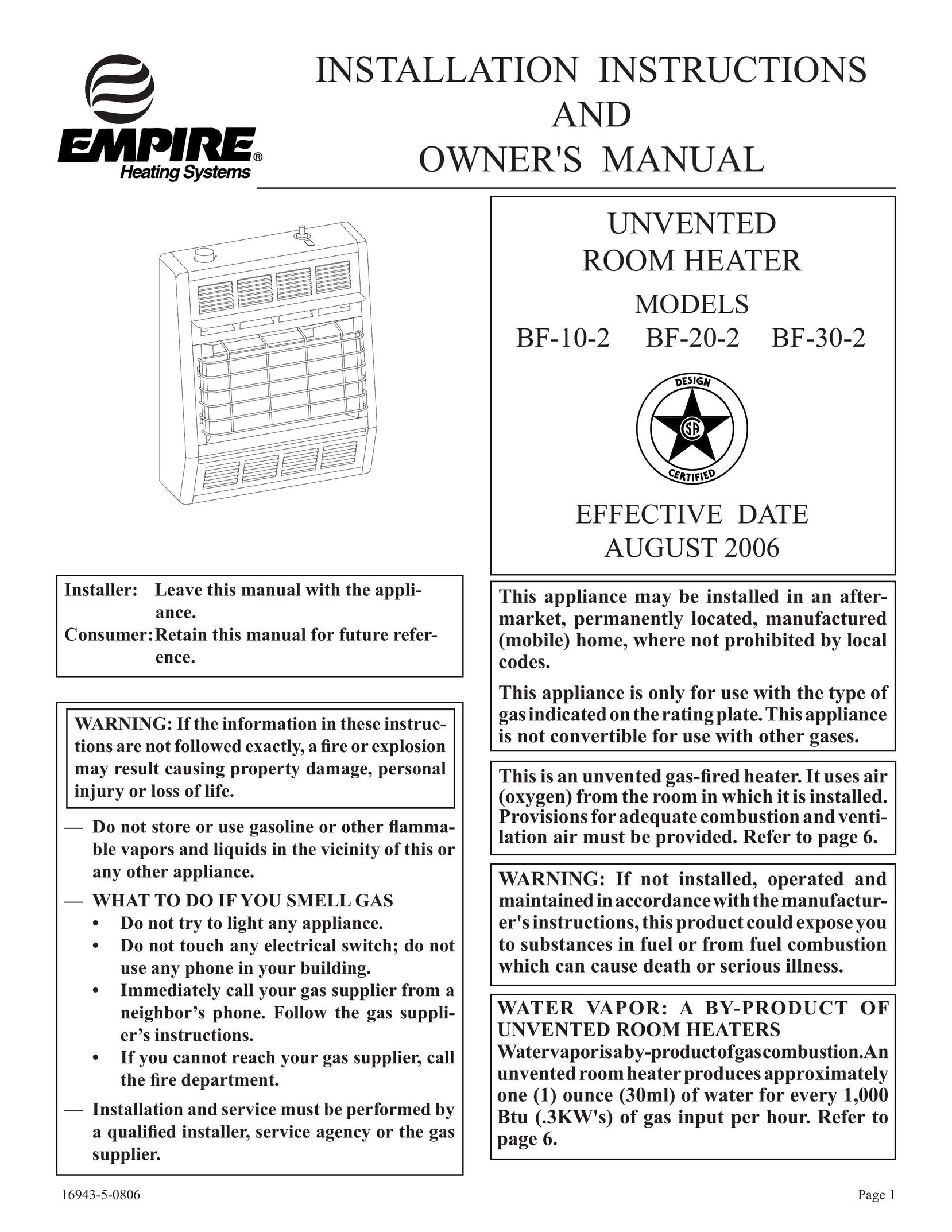Empire Comfort Systems BF-10-2 Electric Heater User Manual