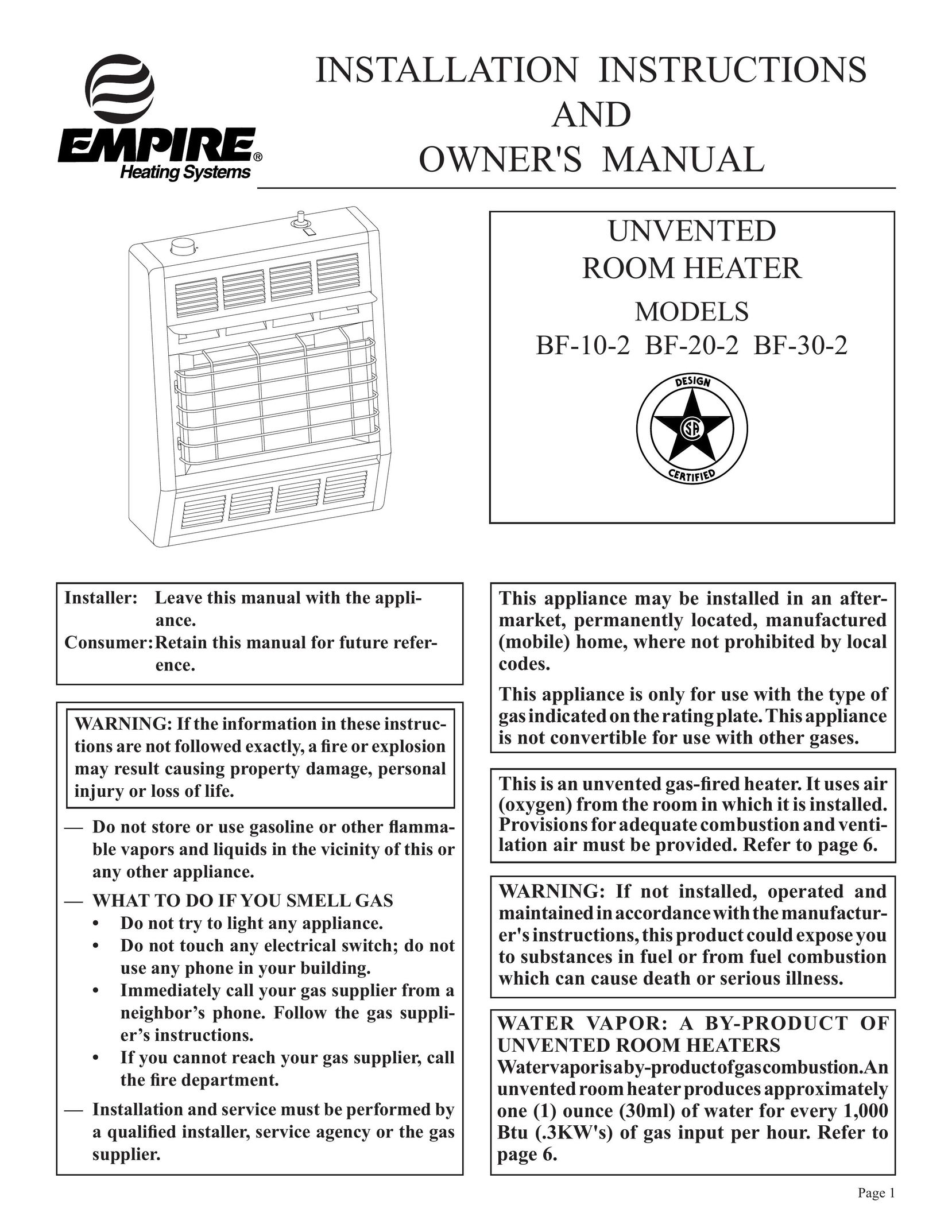 Empire Comfort Systems BF-20-2 Electric Heater User Manual