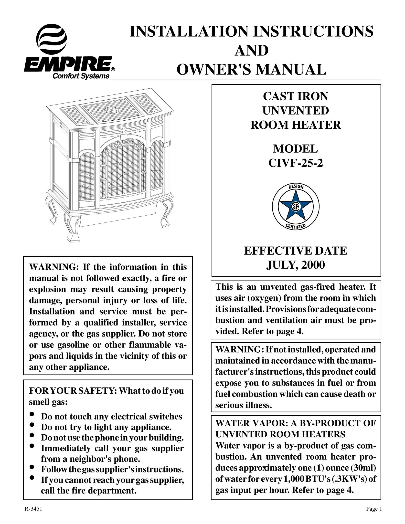 Empire Comfort Systems CIVF-25-2 Electric Heater User Manual