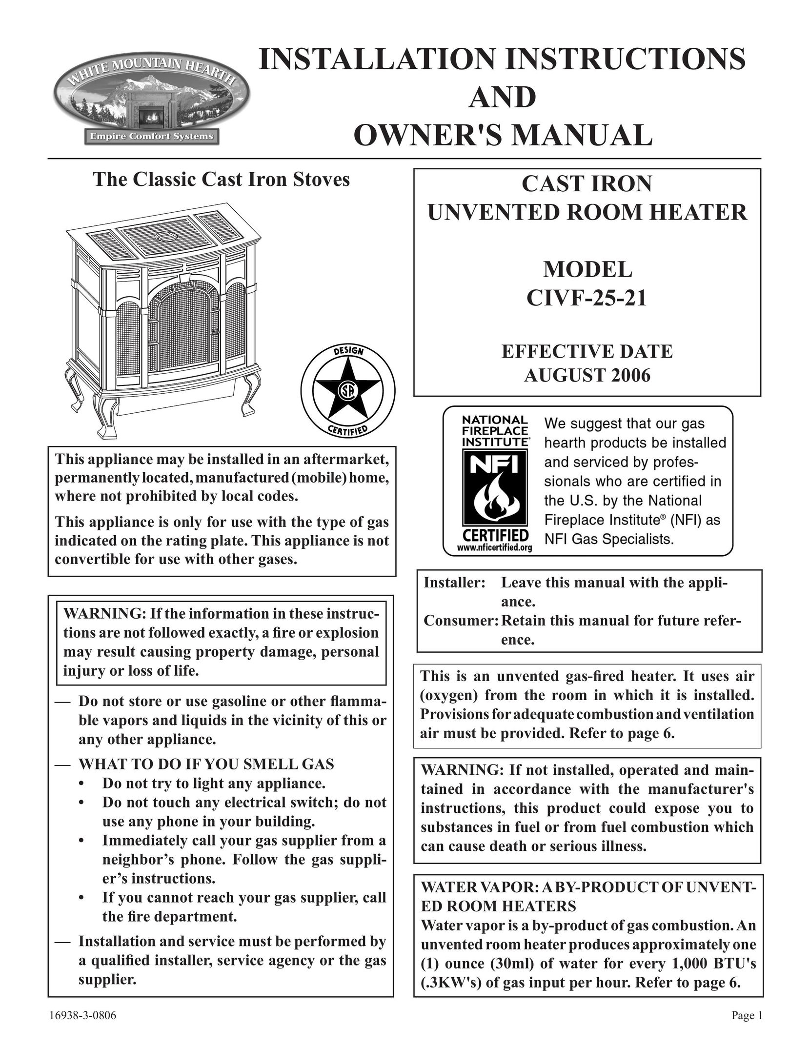 Empire Comfort Systems CIVF-25-21 Electric Heater User Manual