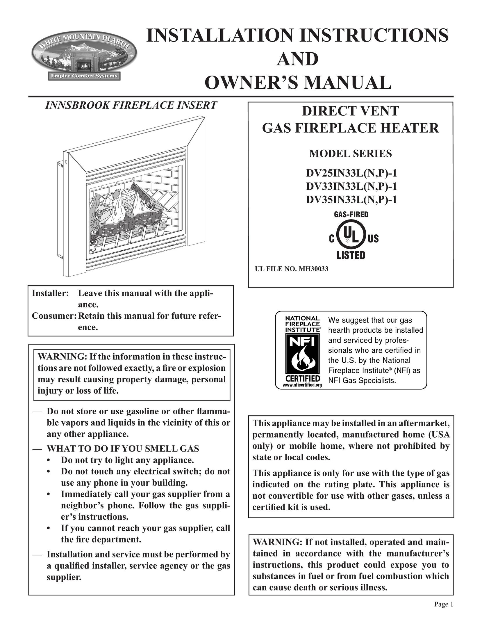 Empire Comfort Systems DV33IN33L Electric Heater User Manual