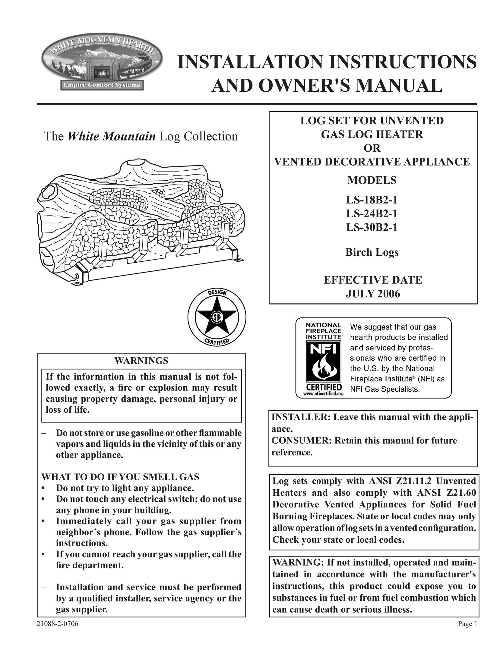Empire Comfort Systems LS-18B2-1 Electric Heater User Manual