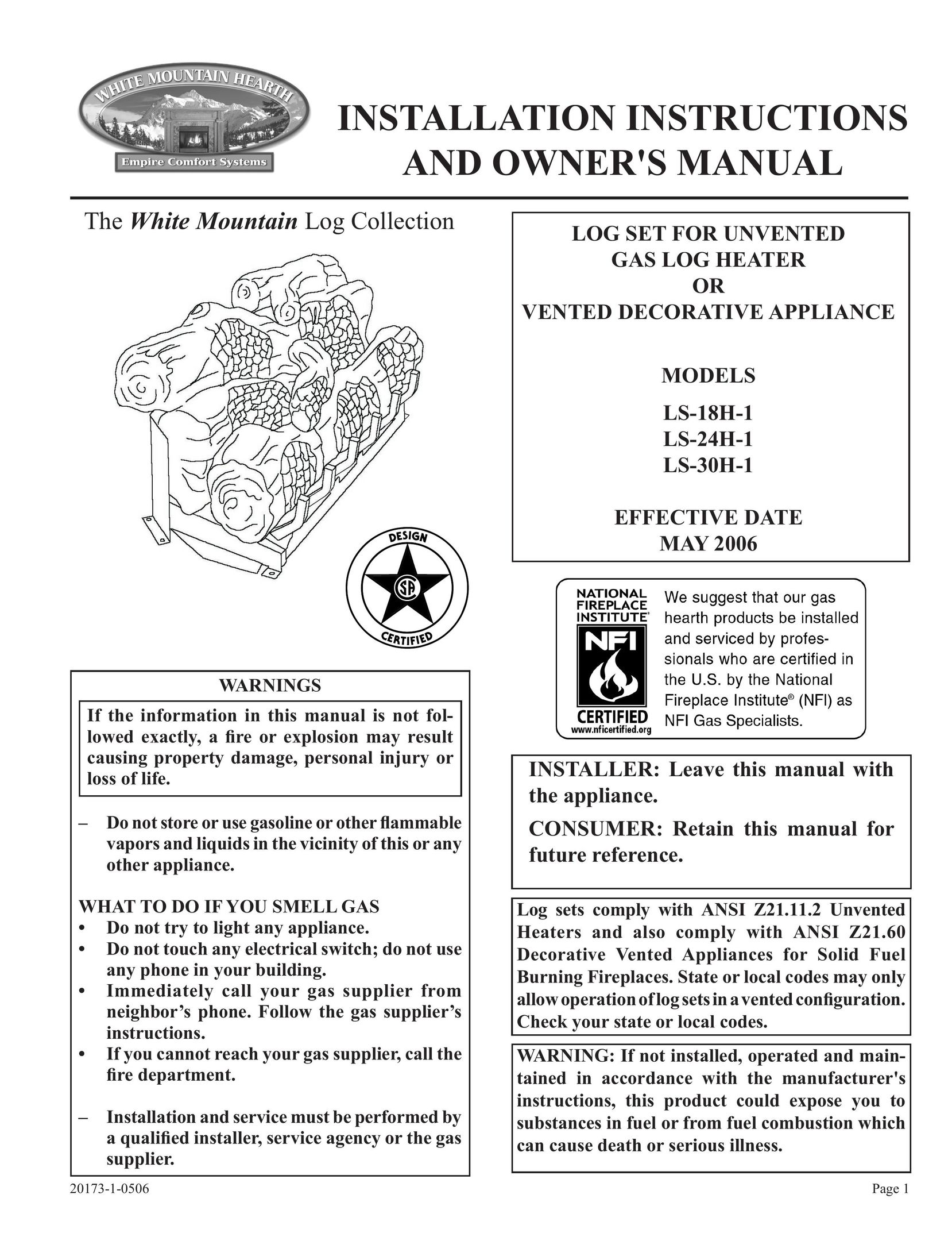 Empire Comfort Systems LS-18H-1 Electric Heater User Manual