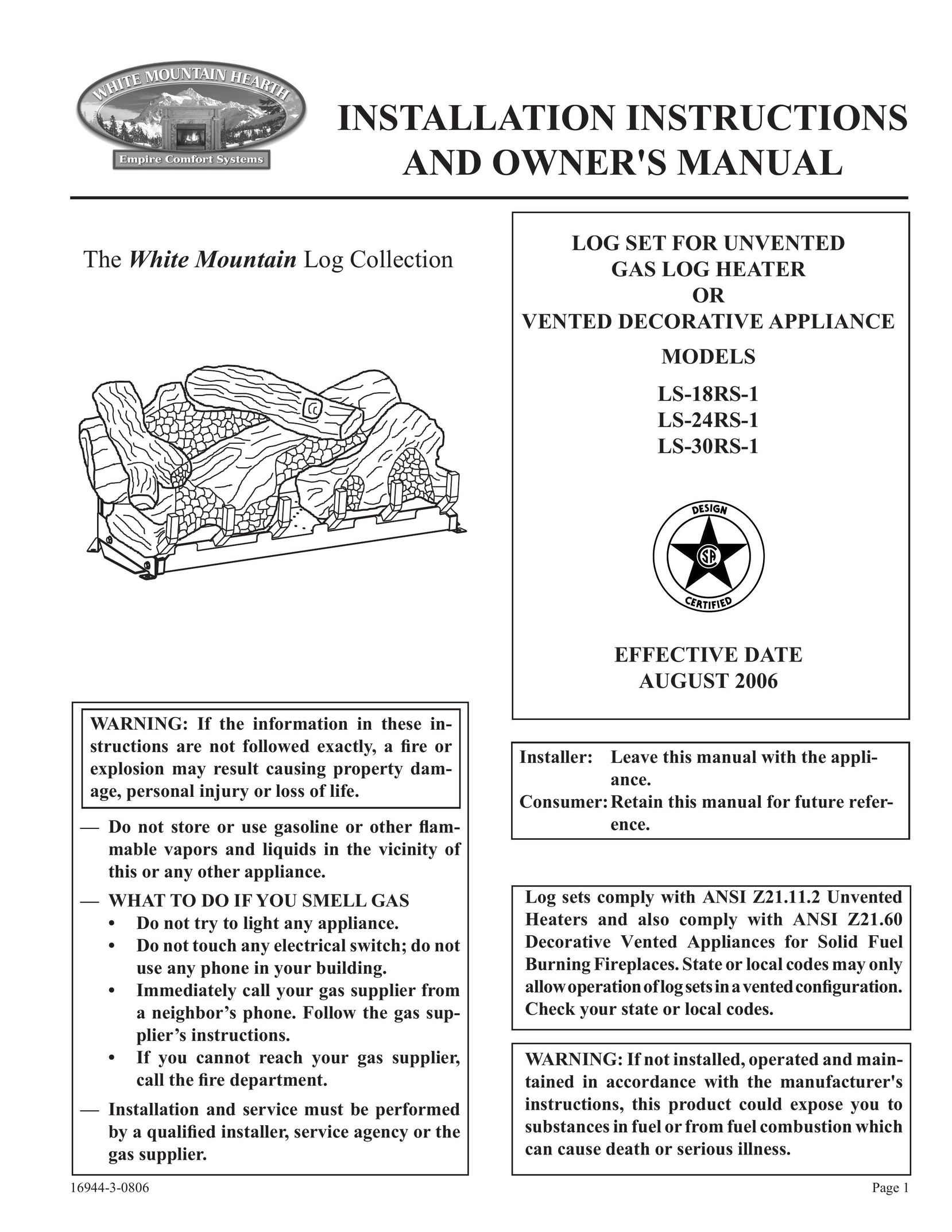 Empire Comfort Systems LS-18RS-1 Electric Heater User Manual