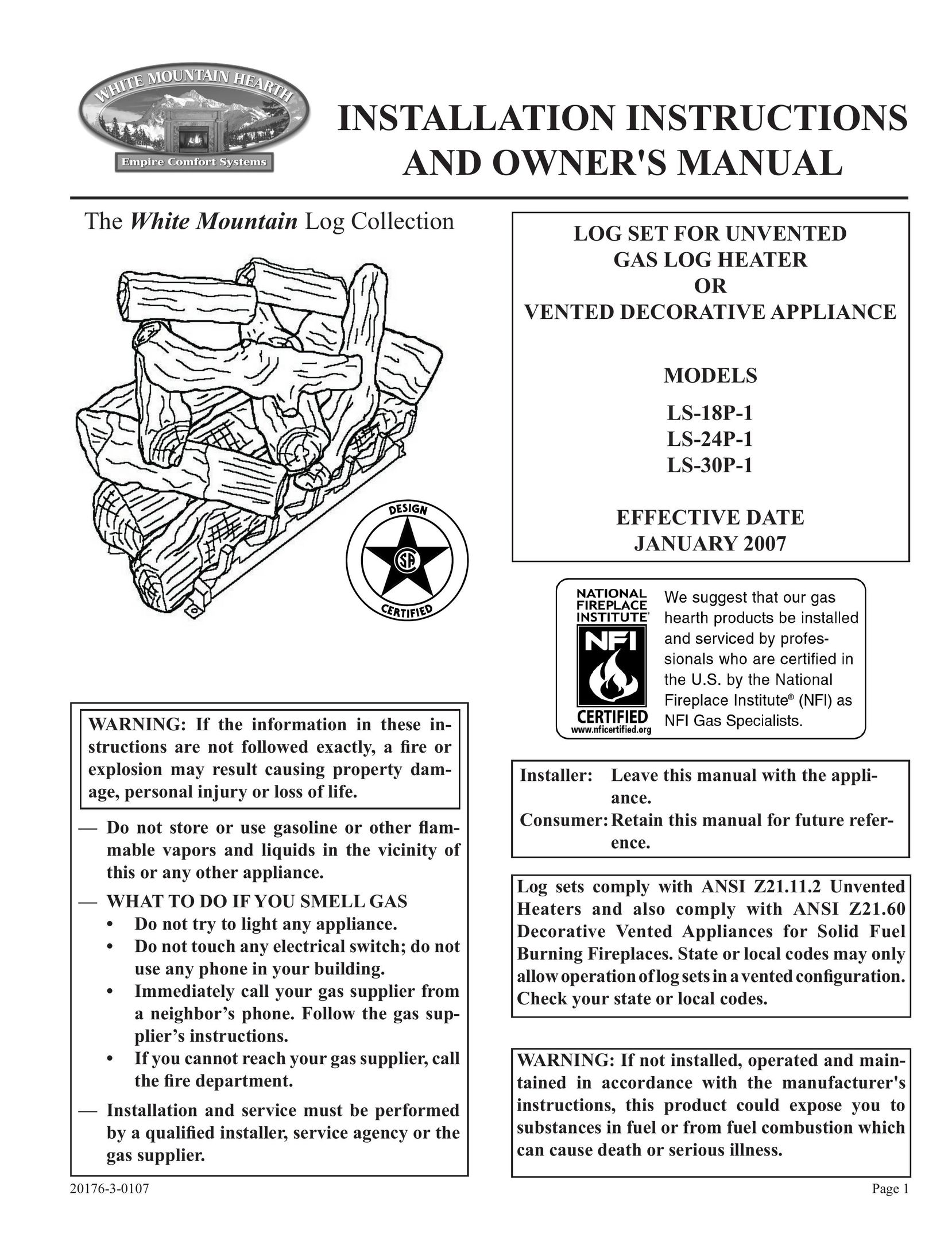 Empire Comfort Systems LS-30P-1 Electric Heater User Manual