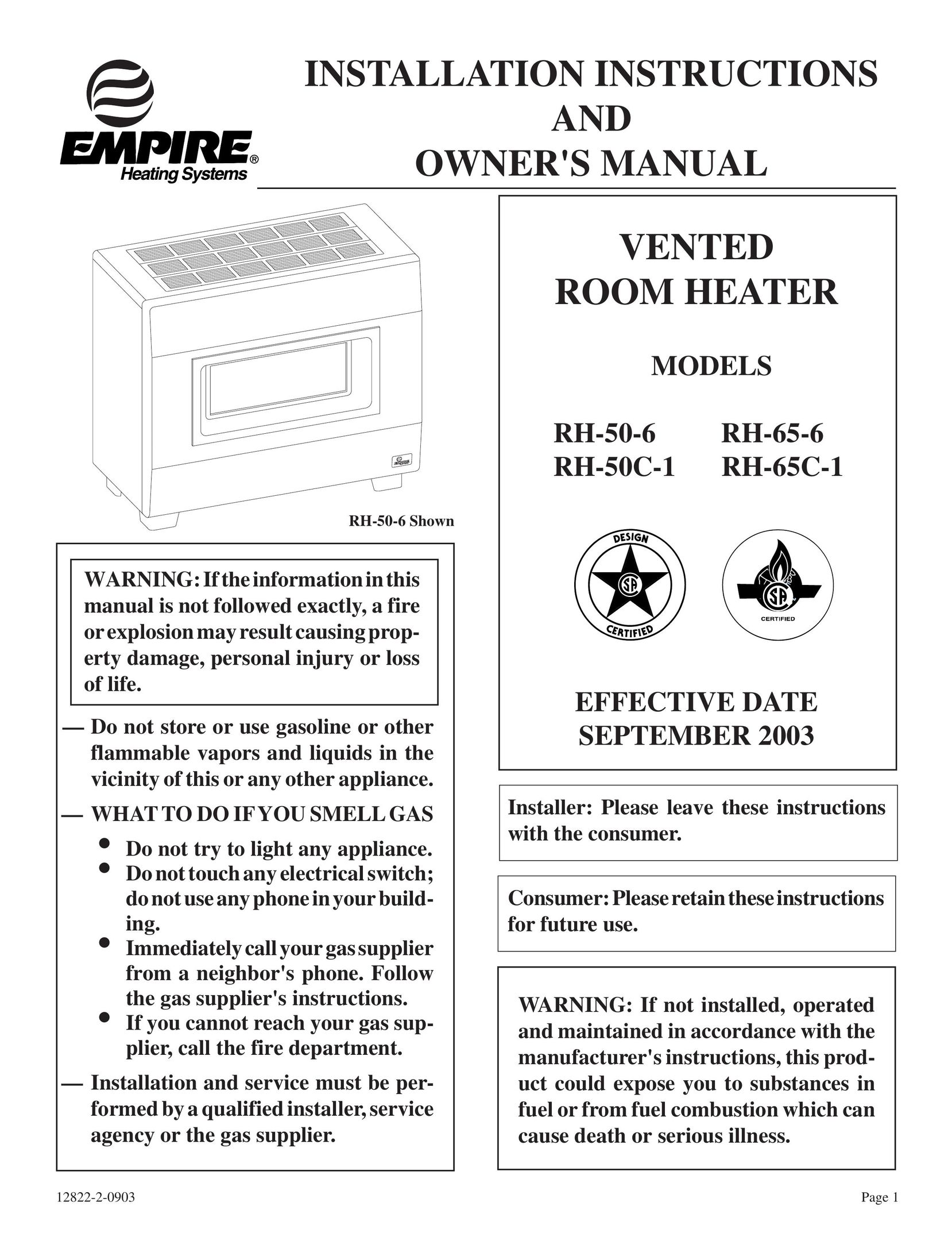 Empire Comfort Systems RH-50-6 Electric Heater User Manual