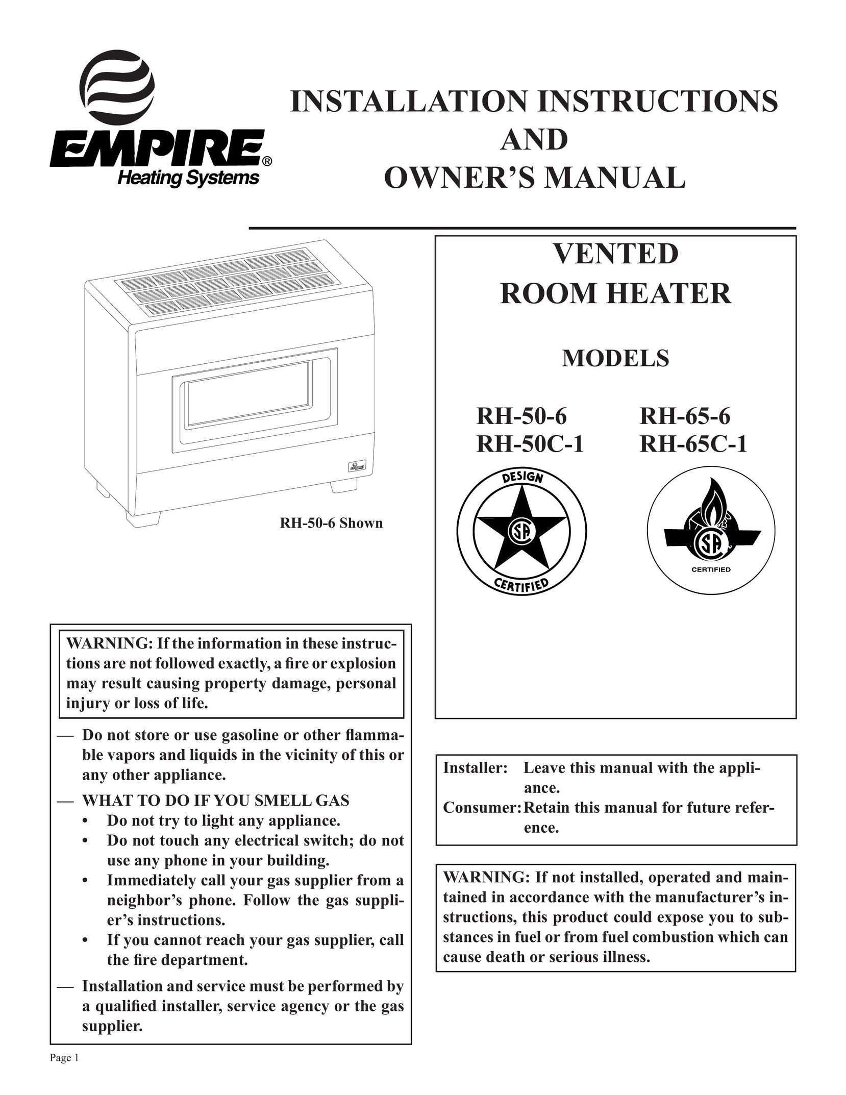 Empire Comfort Systems RH50C-1 Electric Heater User Manual