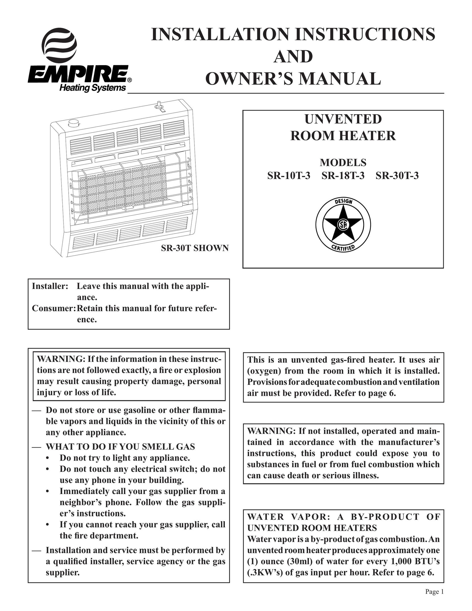 Empire Comfort Systems SR-10T-3 Electric Heater User Manual