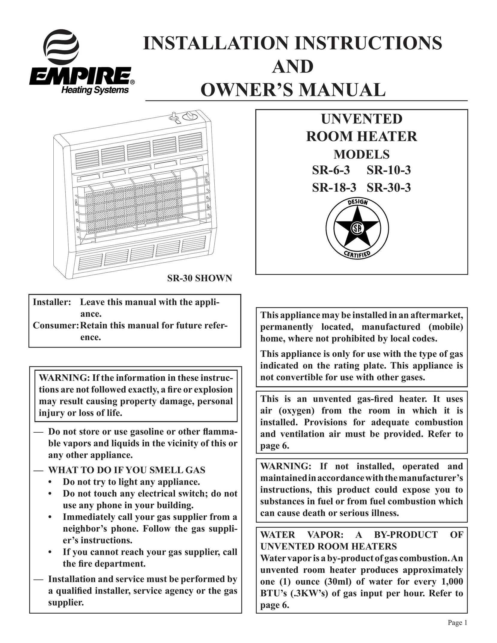 Empire Comfort Systems SR-30 Electric Heater User Manual