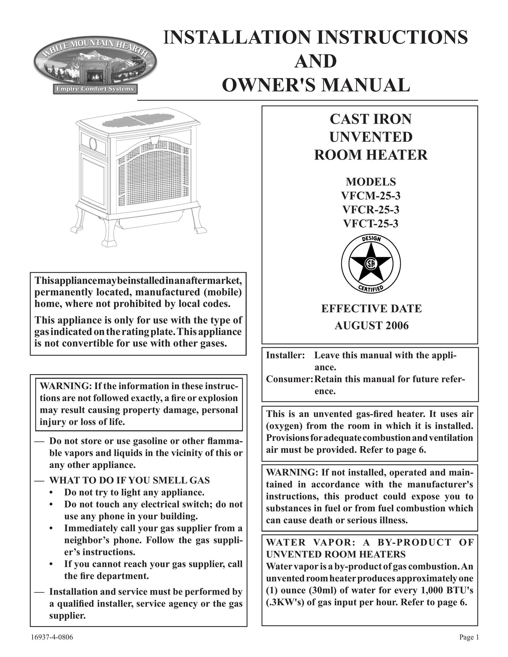 Empire Comfort Systems VFCT25-3 Electric Heater User Manual