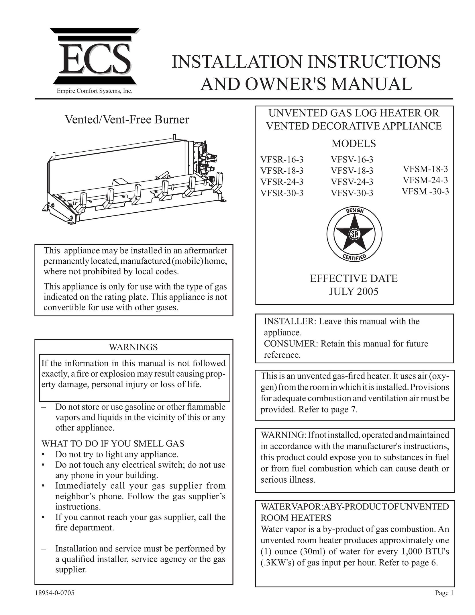 Empire Comfort Systems VFSV-18-3 Electric Heater User Manual