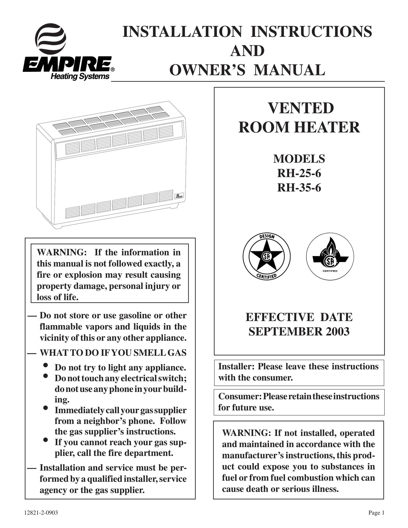 Empire Products RH-25-6 Electric Heater User Manual