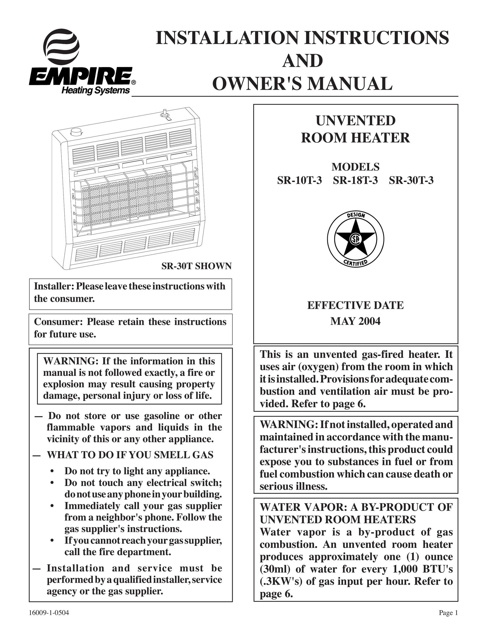 Empire Products SR-18T-3 Electric Heater User Manual