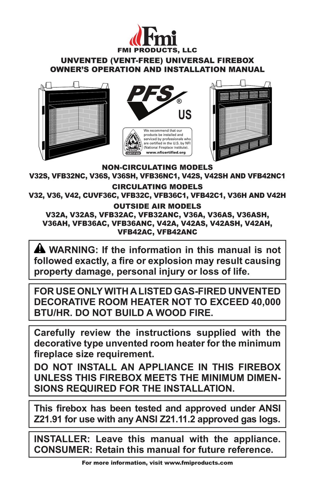 FMI VFB36NC1 Electric Heater User Manual