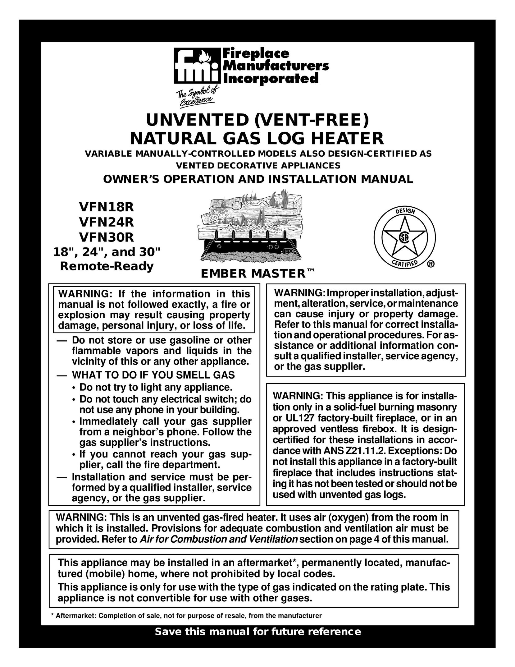 FMI VFN18R Electric Heater User Manual