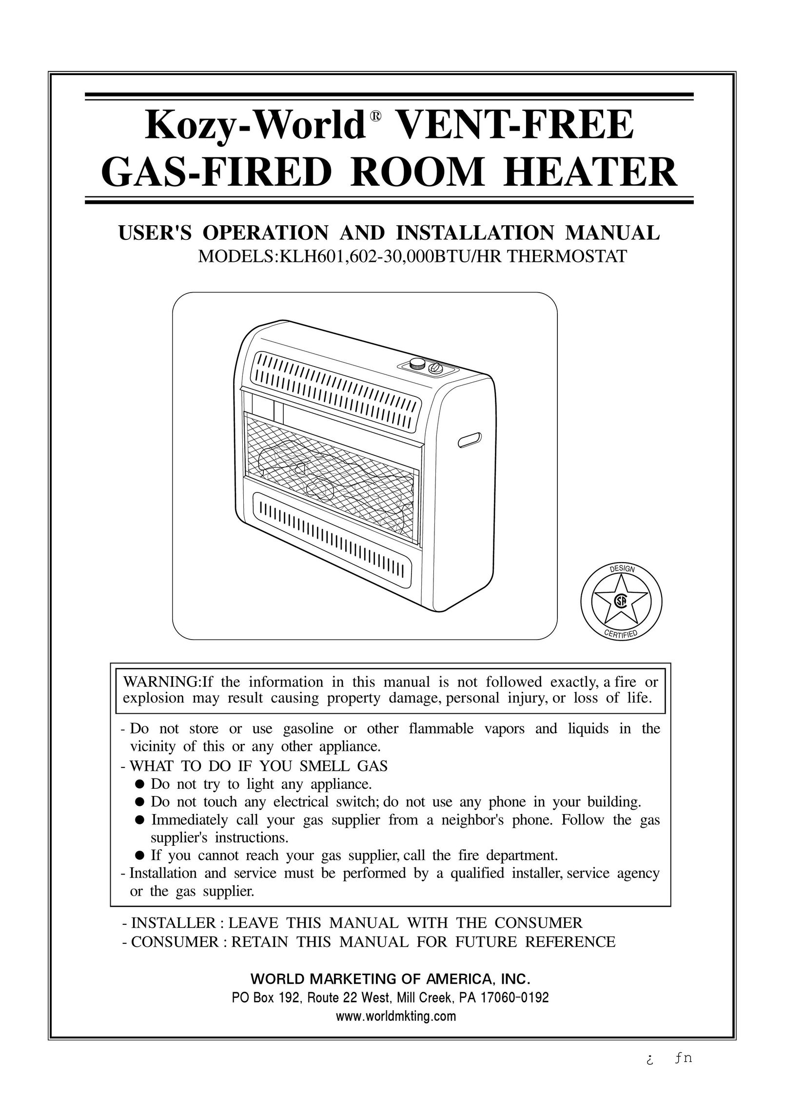 Gas-Fired Products KLH601 Electric Heater User Manual