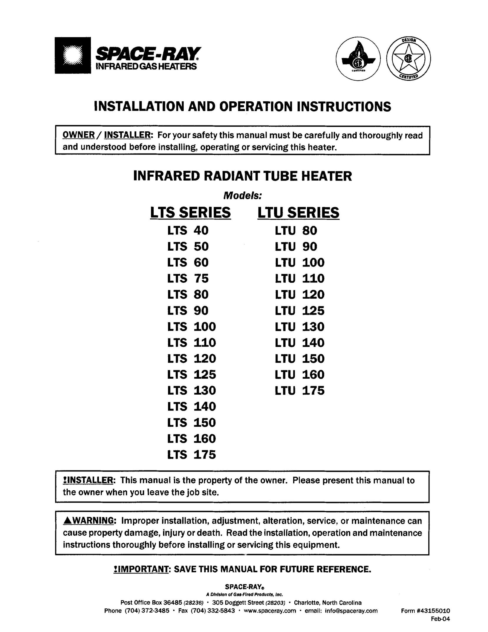 Gas-Fired Products LTS 100 Electric Heater User Manual