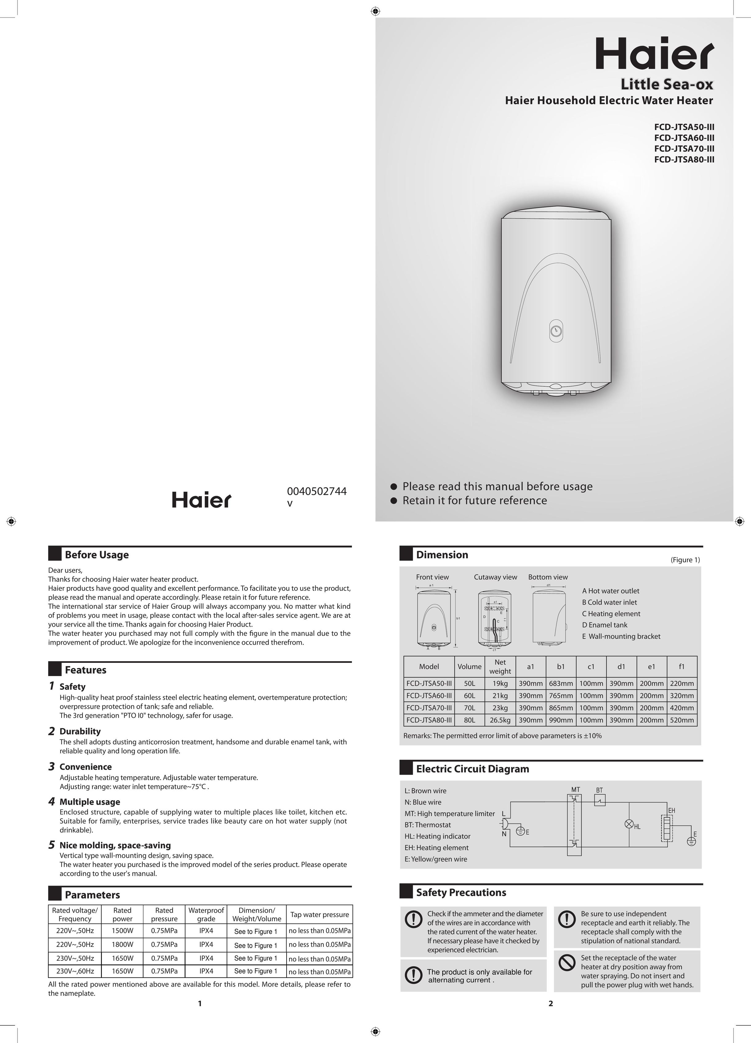 Haier FCD-JTSA50-III Electric Heater User Manual