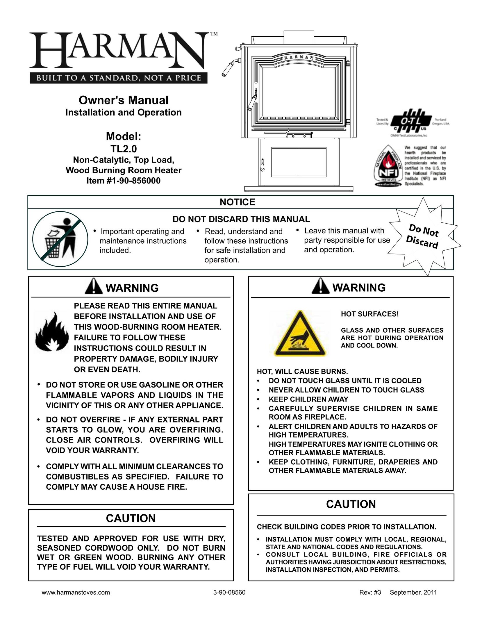 Harman Stove Company TL2.0 Electric Heater User Manual
