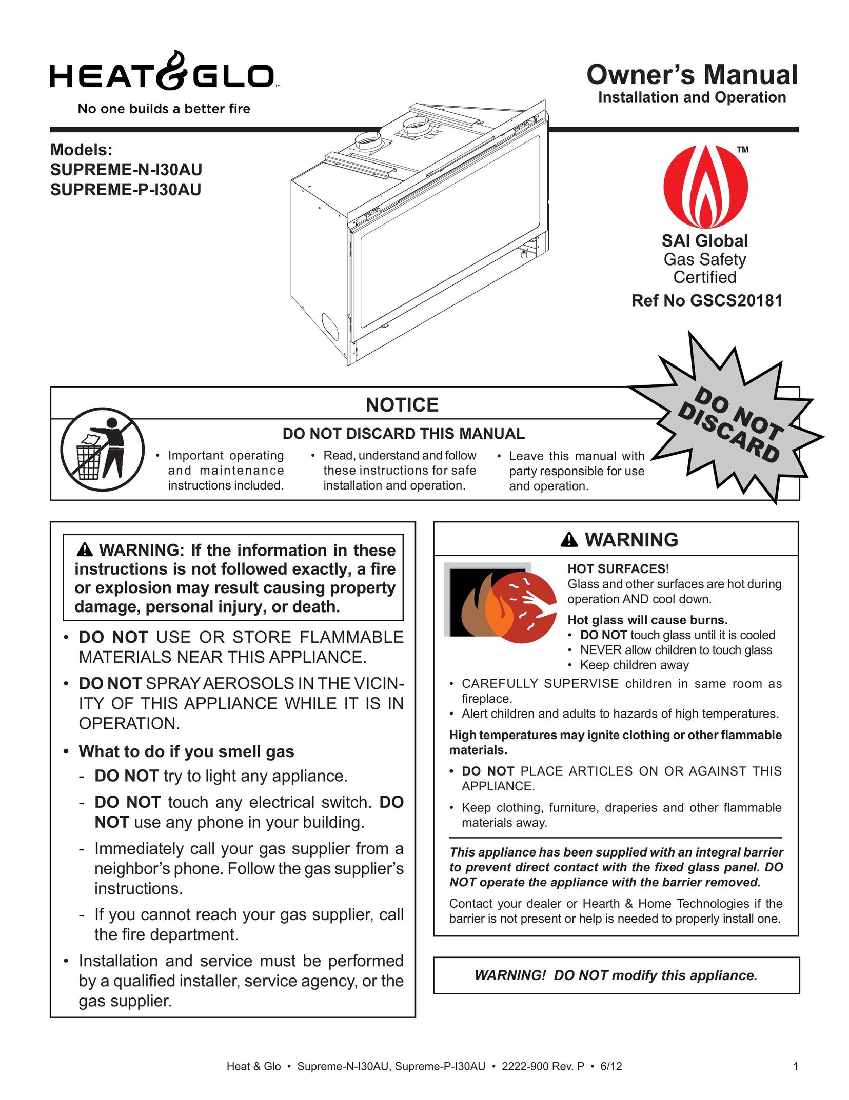 Heat & Glo LifeStyle SUPREME-N-I30AU Electric Heater User Manual