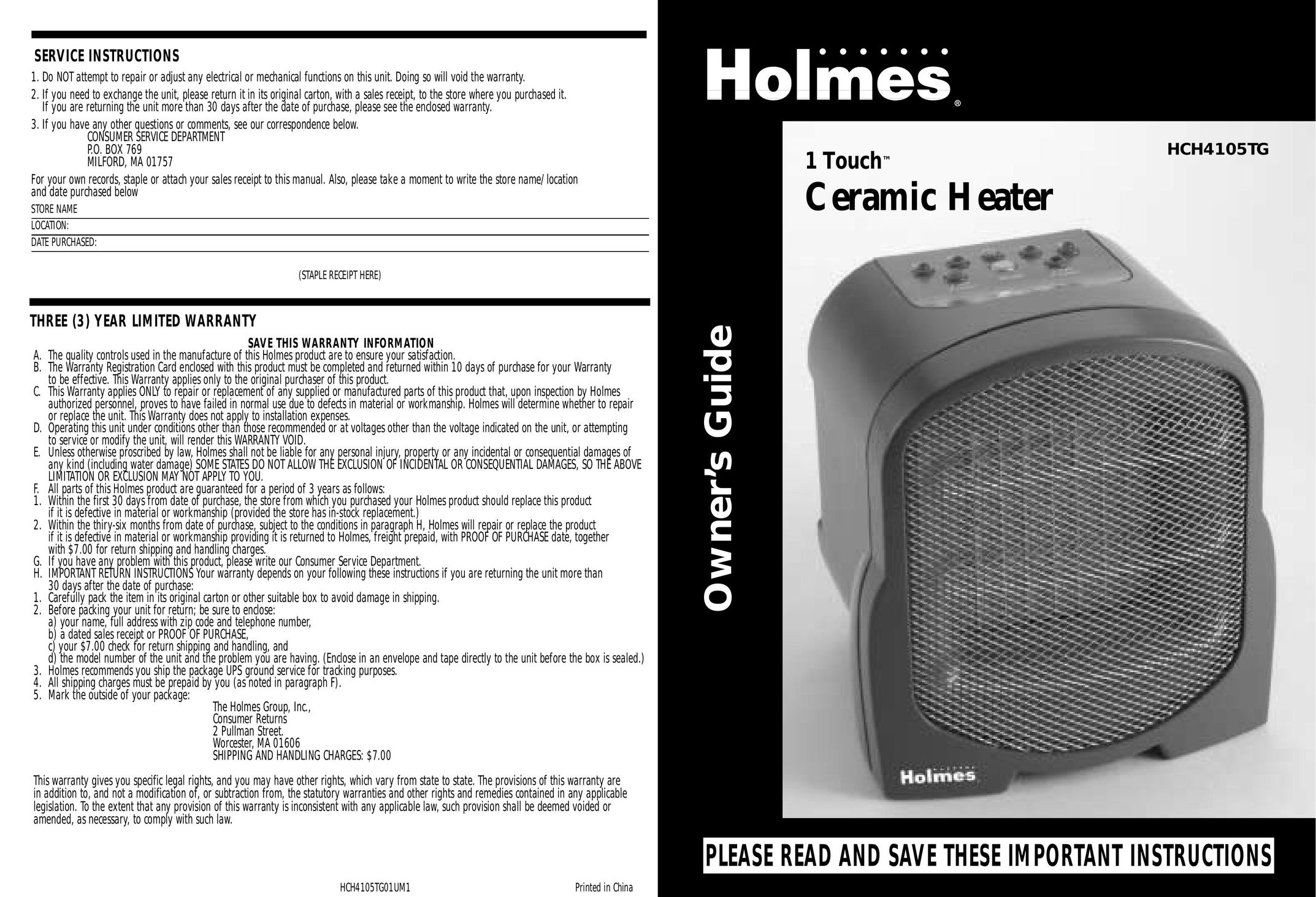 Holmes HCH4105TG Electric Heater User Manual