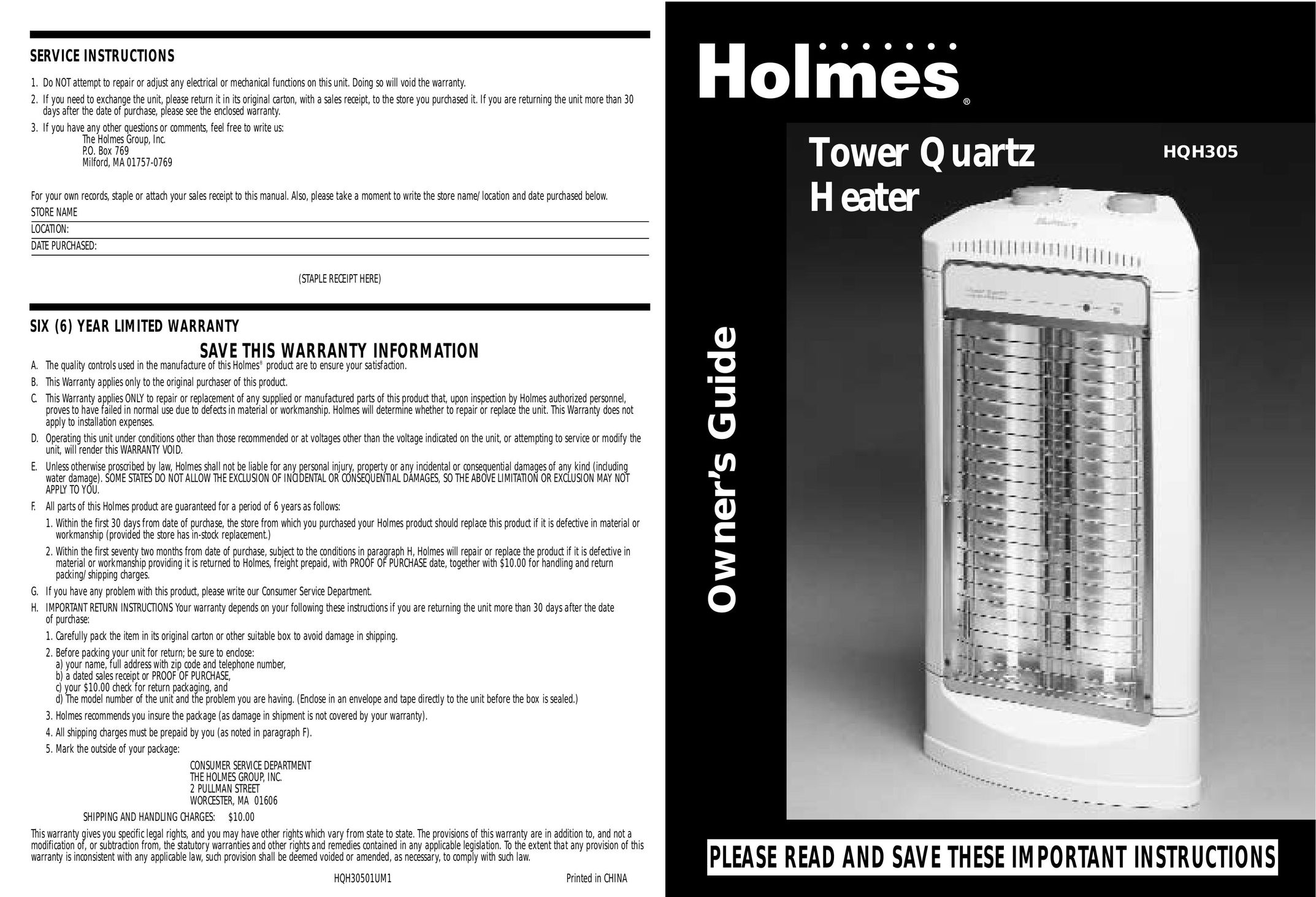 Holmes HQH305 Electric Heater User Manual