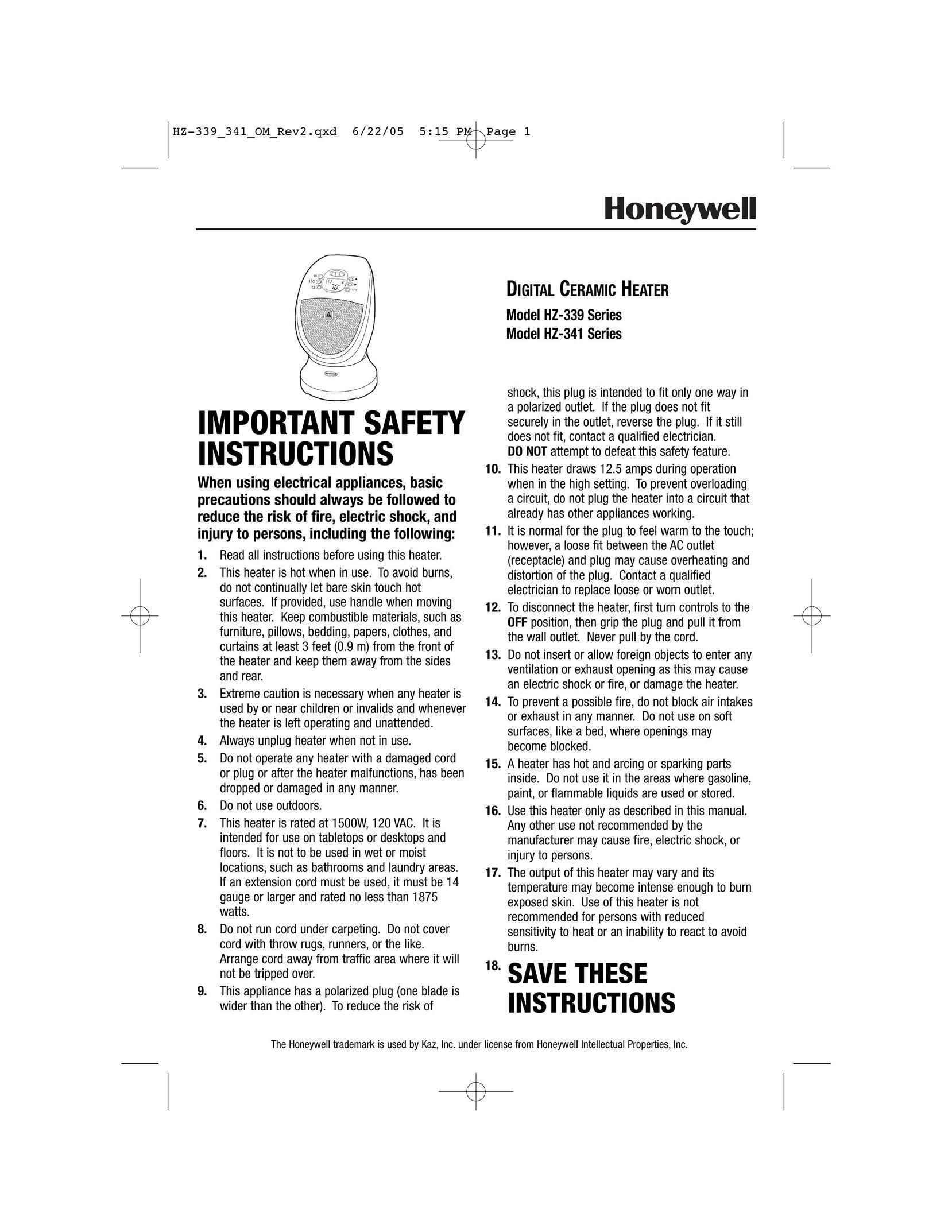 Honeywell HZ-341 Electric Heater User Manual