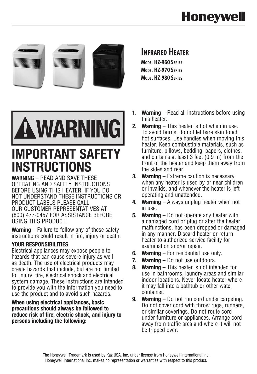 Honeywell HZ-960 Electric Heater User Manual